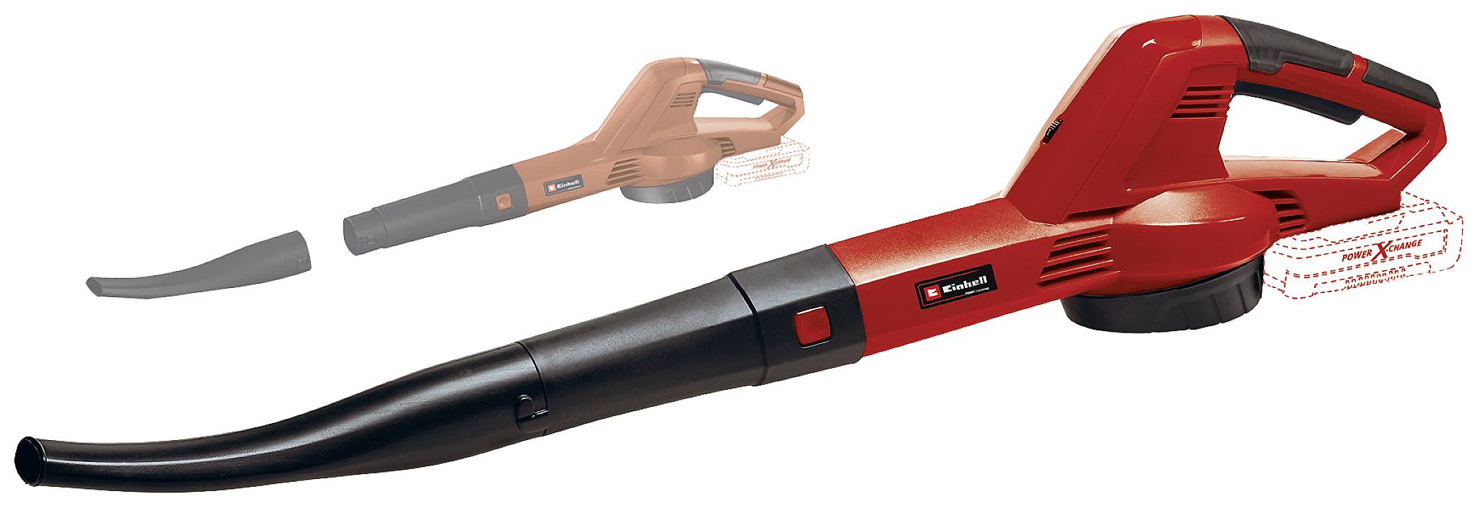 Roter Elektro-Laubbläser mit langem Blasrohr, Griff und abnehmbarem Akku. Geeignet für das Entfernen von Laub in Gärten und Höfen.