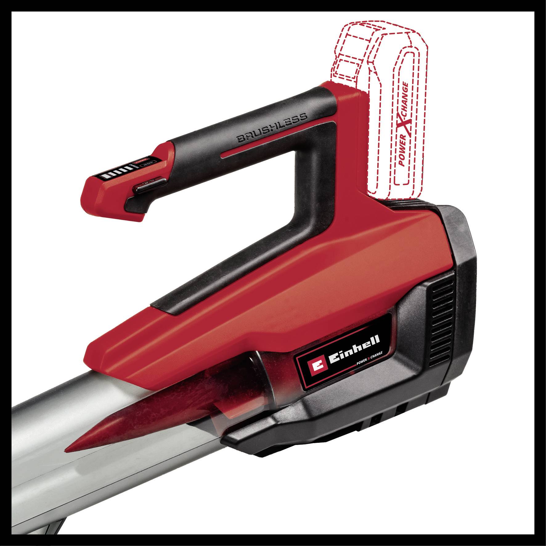 Ein roter, kabelloser Laubbläser mit ergonomischem Griff und Akkuhalterung. Markenname 'Einhell' ist sichtbar.