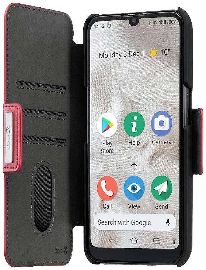Smartphone in schwarzer Klapphülle mit geöffnetem Display. Apps auf dem Startbildschirm: Play Store, Info, Kamera. Wetteranzeige: 10°C.