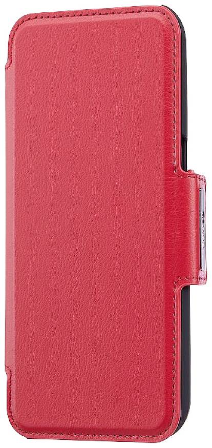 Rote Smartphone-Hülle aus Leder mit Klappdesign; schützt das Gerät vollständig.