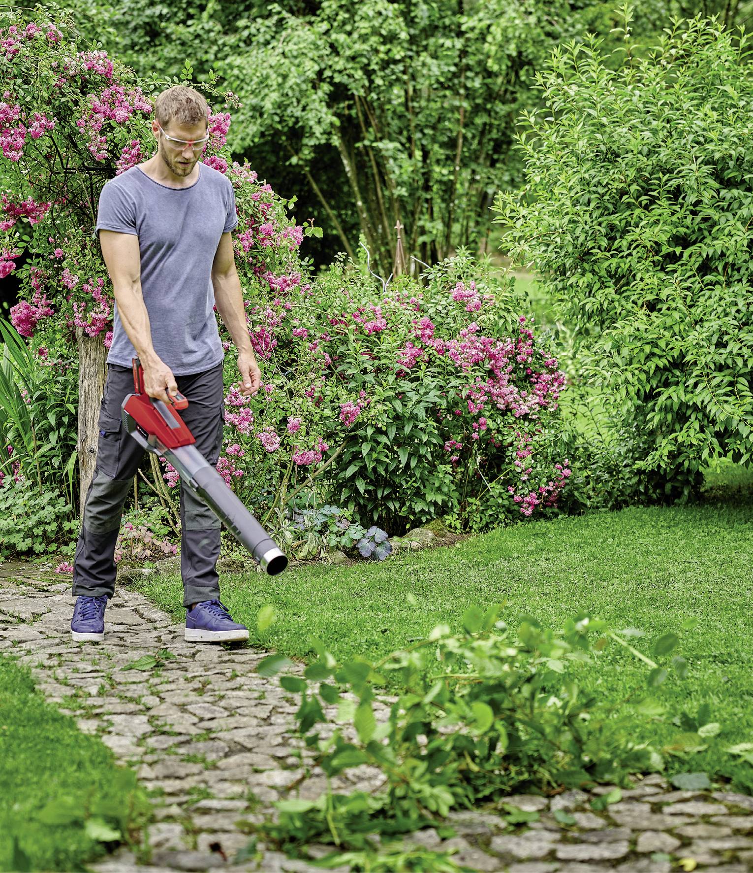 Ein Mann benutzt einen Laubbläser, um Blätter von einem gepflasterten Gartenweg zu entfernen. Im Hintergrund blühen Sträucher.