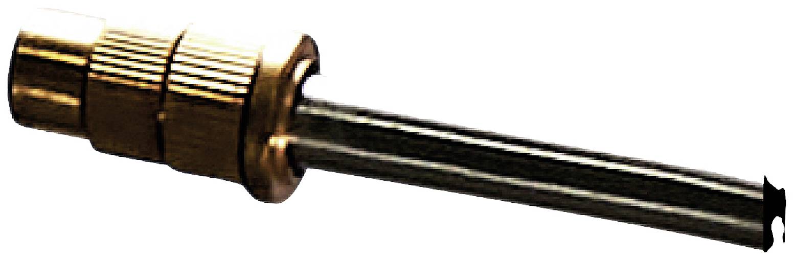 Ein Metallbohrer mit einem goldenen, gerippten Griff und einer langen, schmalen Spitze zum Bohren harter Materialien.