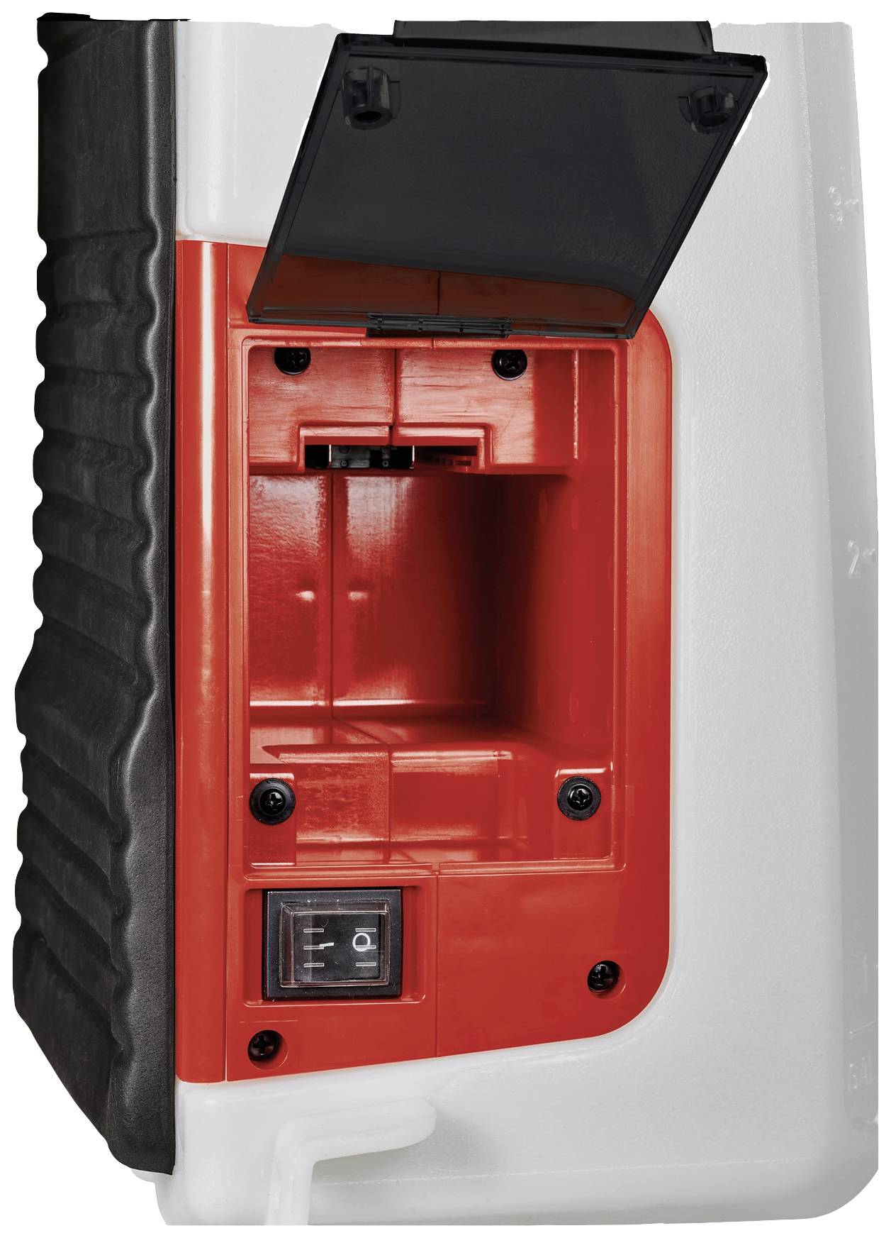 Seitenansicht eines Geräts mit offener Klappe, rotem Inneren und einem Schalter unten. Möglicherweise ein technisches Gerät oder Werkzeug.
