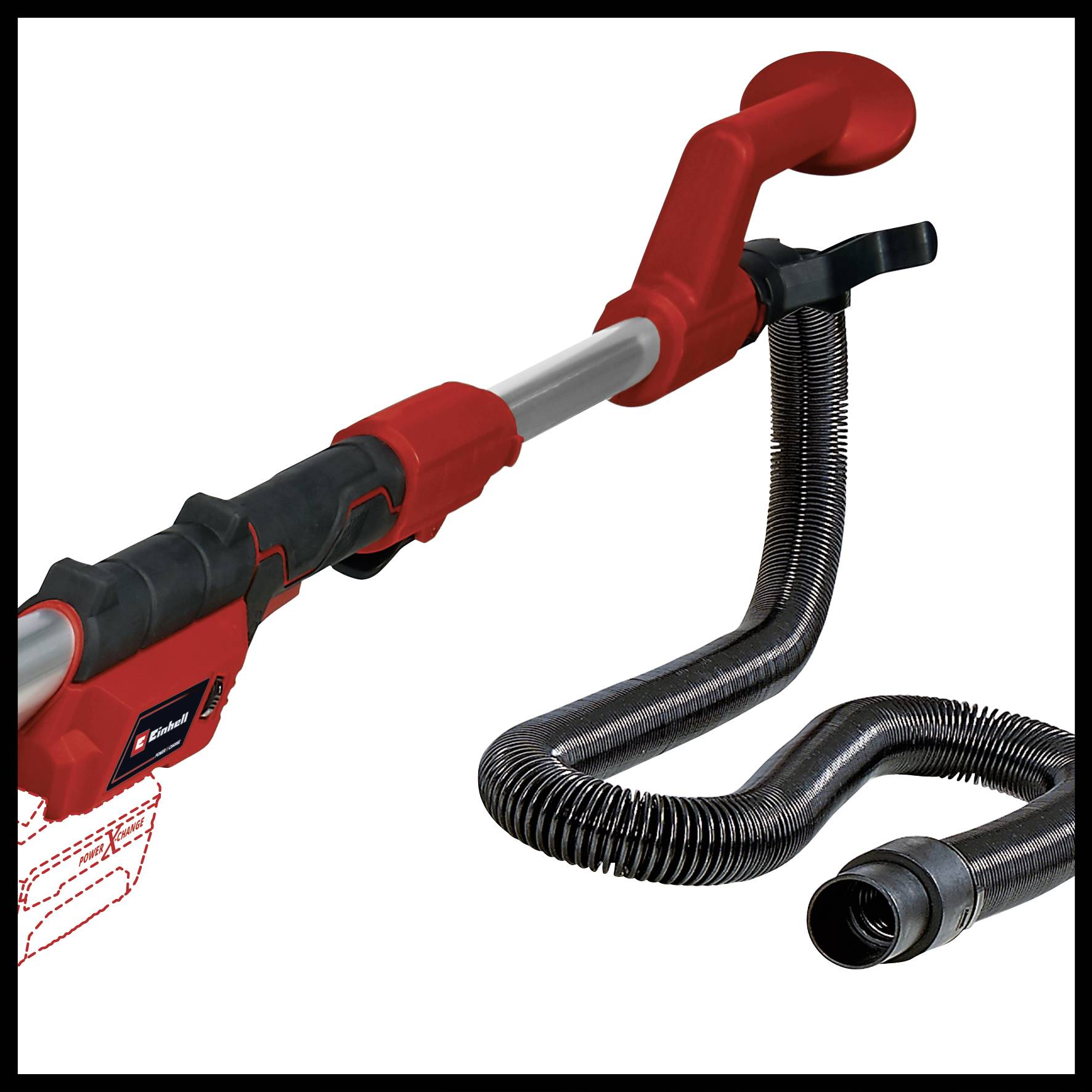 Ein rot-schwarzer Staubsaugerschlauch mit flexiblem Rohr und ergonomischem Griff für einfache Handhabung bei der Reinigung.