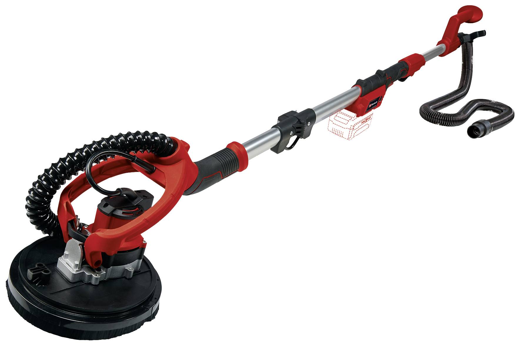 Langhalsschleifer in Rot und Schwarz mit flexiblem Schlauch und einstellbarem Griff. Geeignet für das Schleifen von Wänden und Decken.