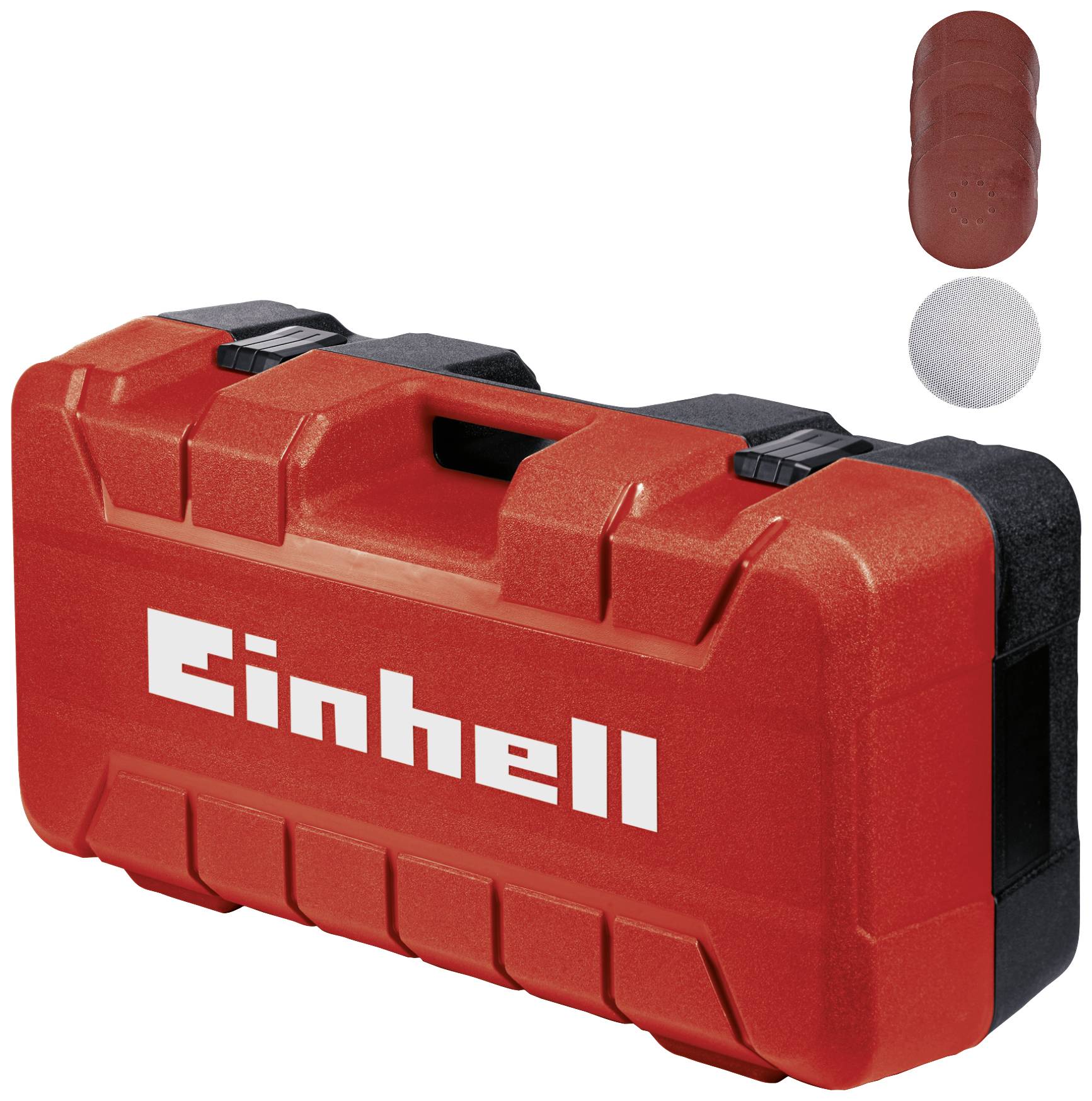 Roter Einhell Werkzeugkoffer mit robustem Design. Rechts oben sind drei Schleifpads abgebildet, zwei rot und eines weiß.