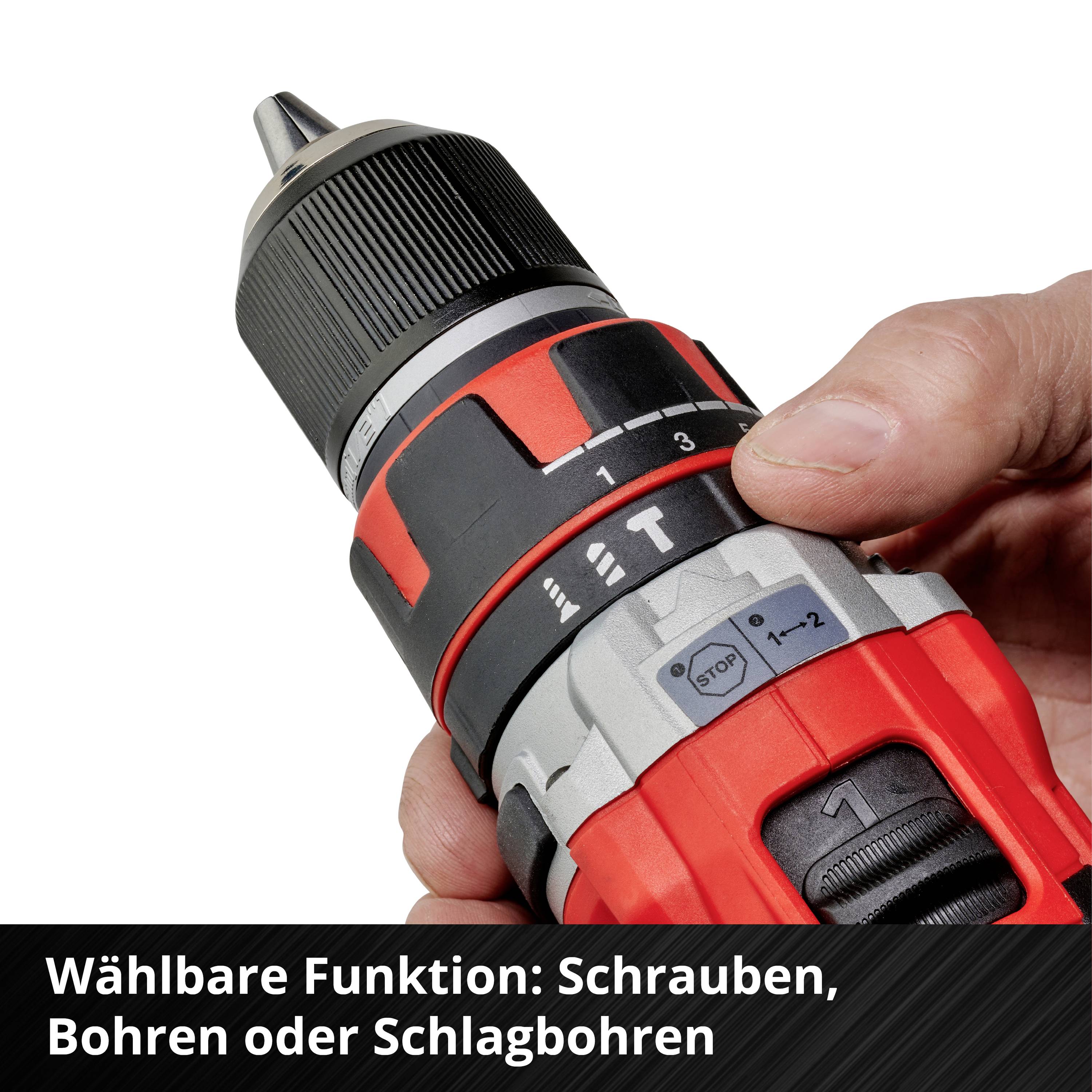 Bohrmaschine mit Handgriff, wählbare Funktionen: Schrauben, Bohren oder Schlagbohren, Nahaufnahme der Einstellungsoptionen.