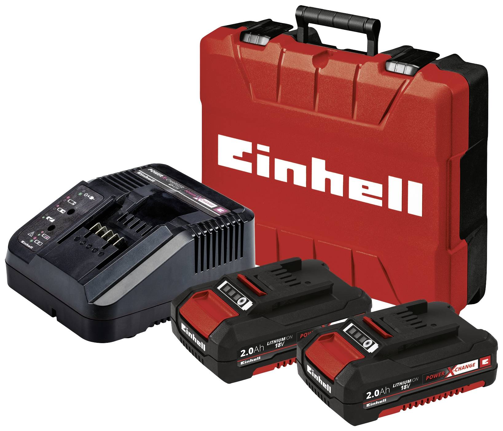 Rotes Einhell-Kunststoffkoffer-Set mit Schnellladegerät und zwei 2.0 Ah Lithium-Ionen-Akkus, geeignet für Power X-Change-Geräte.
