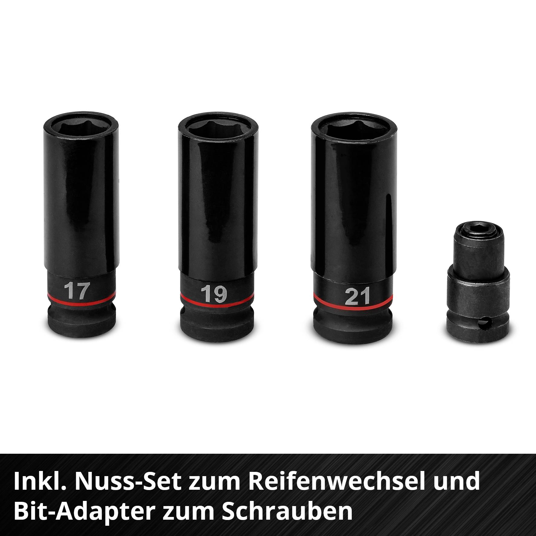 Nuss-Set in Größen 17, 19, 21 und Bit-Adapter. Geeignet für Reifenwechsel und Schraubarbeiten.