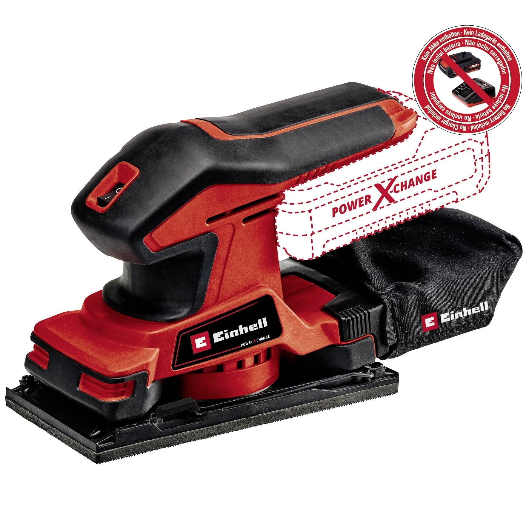 Ein roter und schwarzer Schleifer der Marke Einhell, Teil der 'Power X-Change'-Serie, mit Staubbeutel, geeignet für Schleifarbeiten.