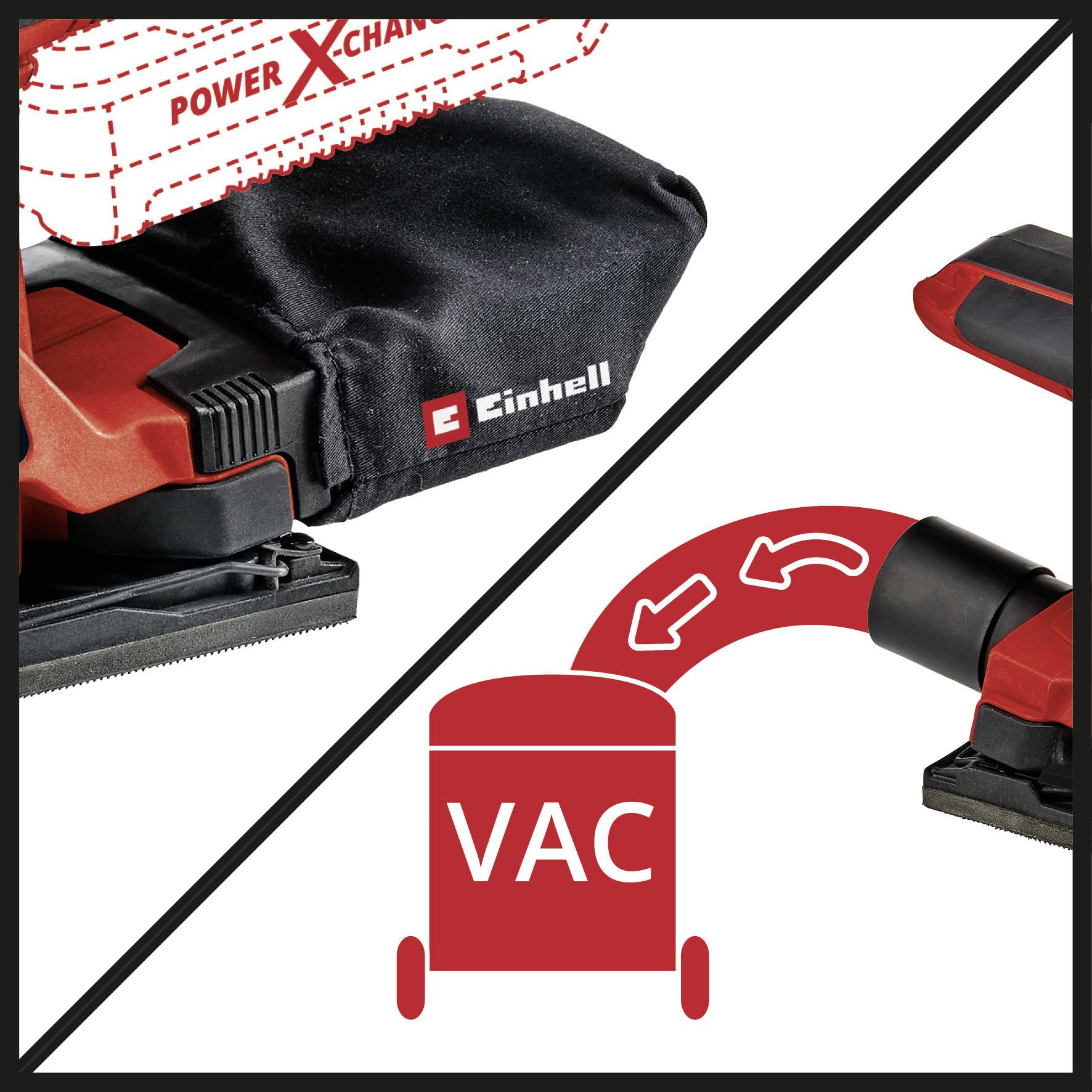 'Einhell' Multifunktionswerkzeug mit Text 'VAC': zeigt Staubabsaugungsfunktion und kompatibles Akkusystem.