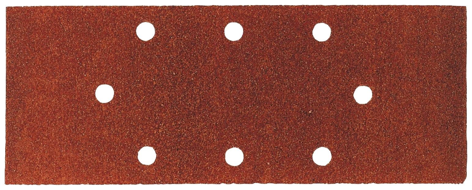 Ein rechteckiges, rotes Schleifpapier mit acht gleichmäßig verteilten runden Löchern.