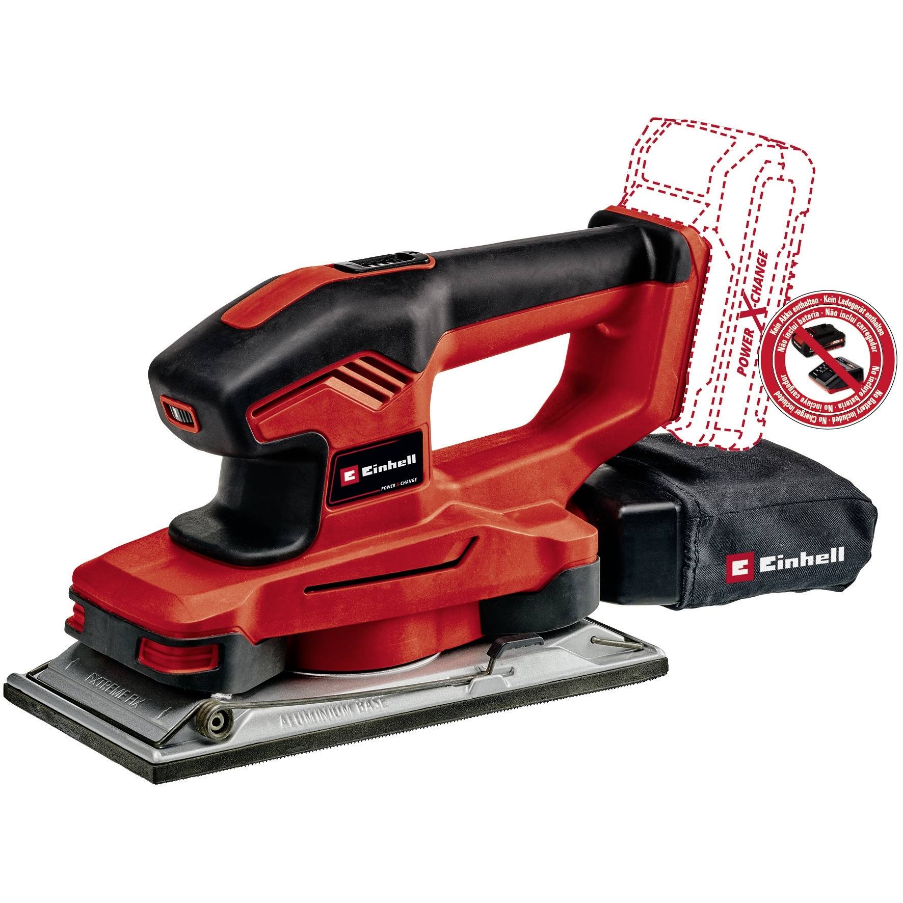 Eine rote Akku-Schleifmaschine von Einhell mit abnehmbarem Staubfangsack. Geeignet zum Schleifen von Holzoberflächen ohne Kabel.