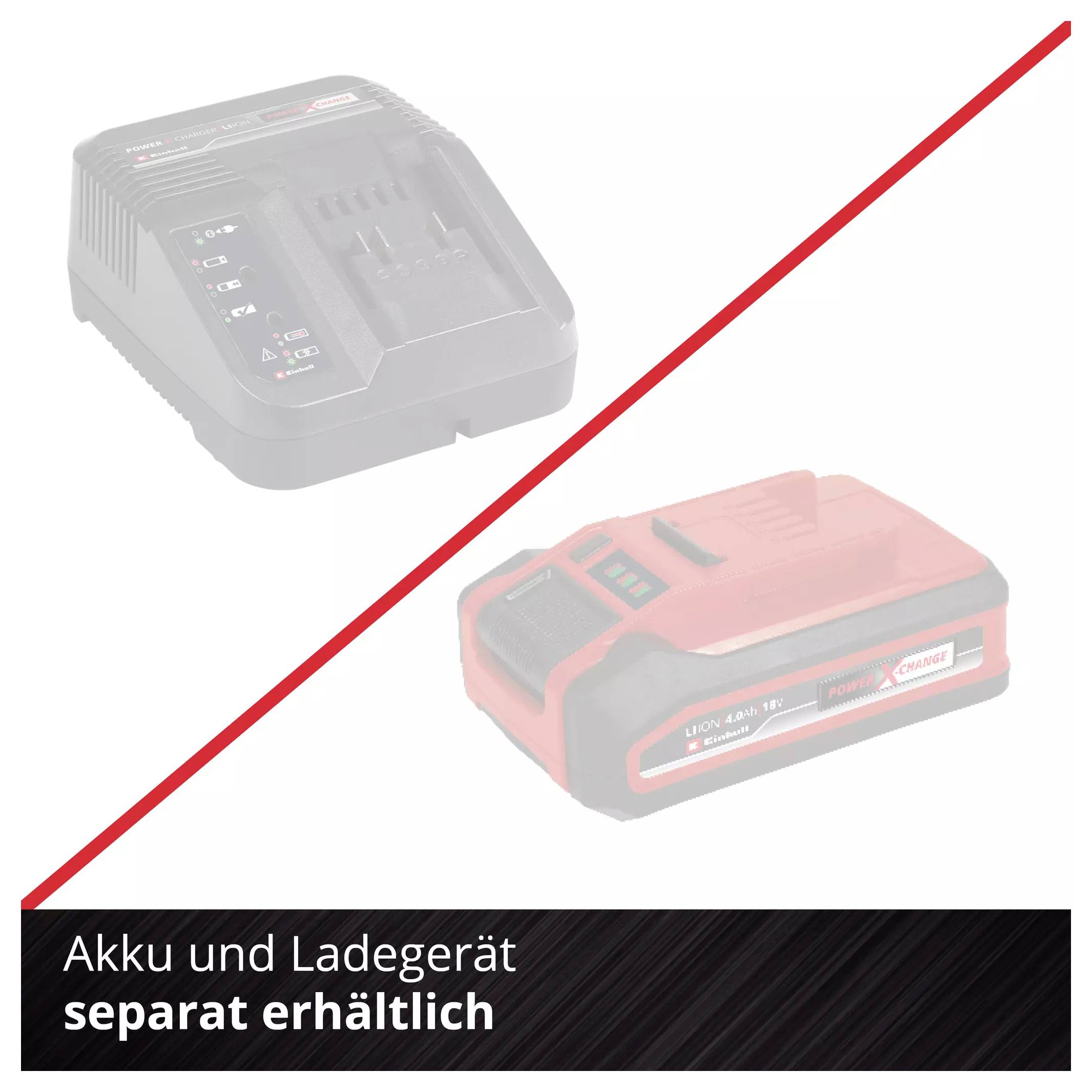 Akku und Ladegerät werden nebeneinander abgebildet mit der Beschriftung 'Akku und Ladegerät separat erhältlich'.