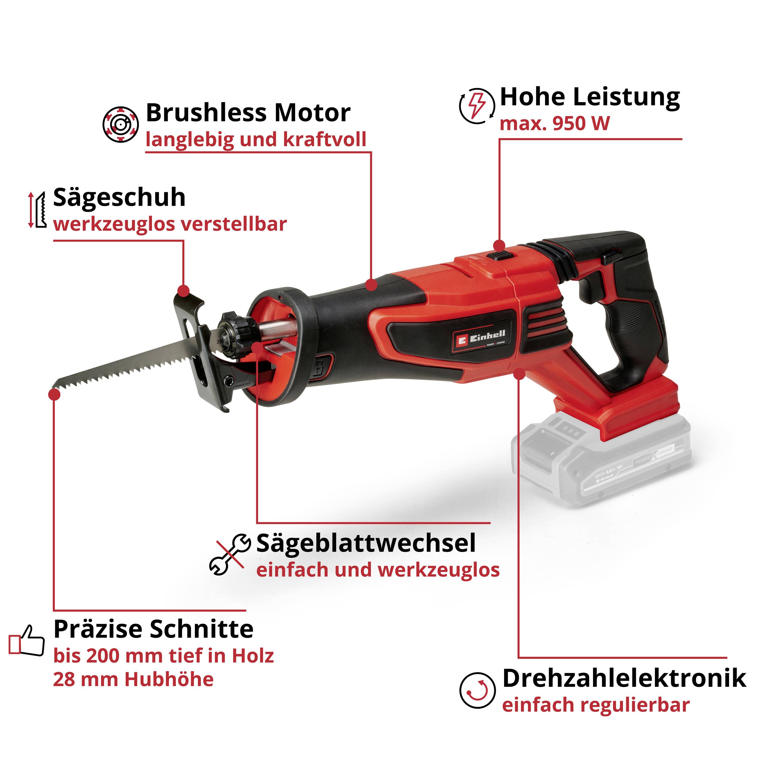 Akku-Säbelsäge mit bürstenlosem Motor, verstellbarem Sägefuß, einfachem Sägeblattwechsel, Drehzahlregelung und präzisen Schnitten bis 200 mm.