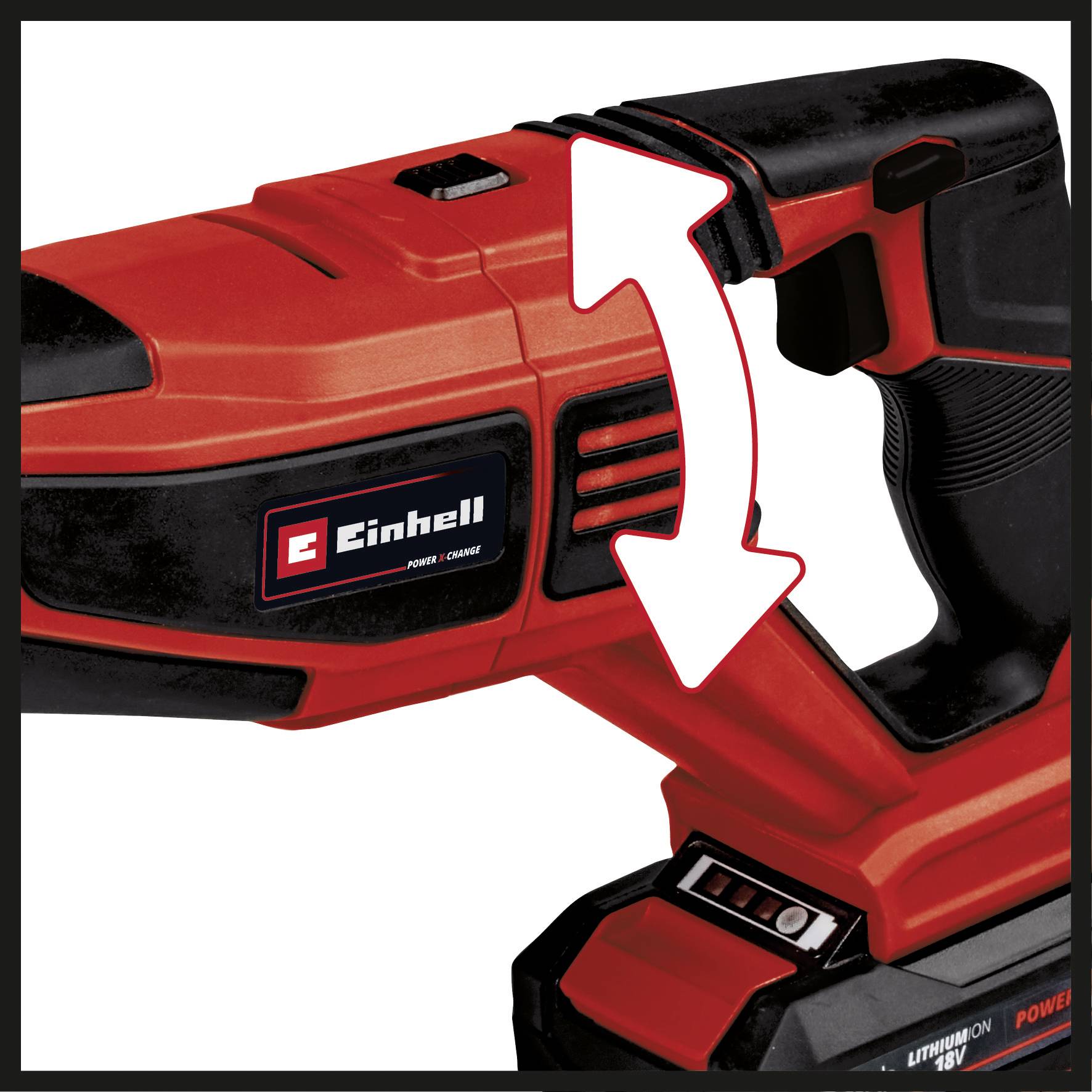 'Einhell'-Akkuschrauber in Rot-Schwarz mit ergonomischem Griff und Power-Button. Arrows zeigen Richtungen der Betriebsmodi.