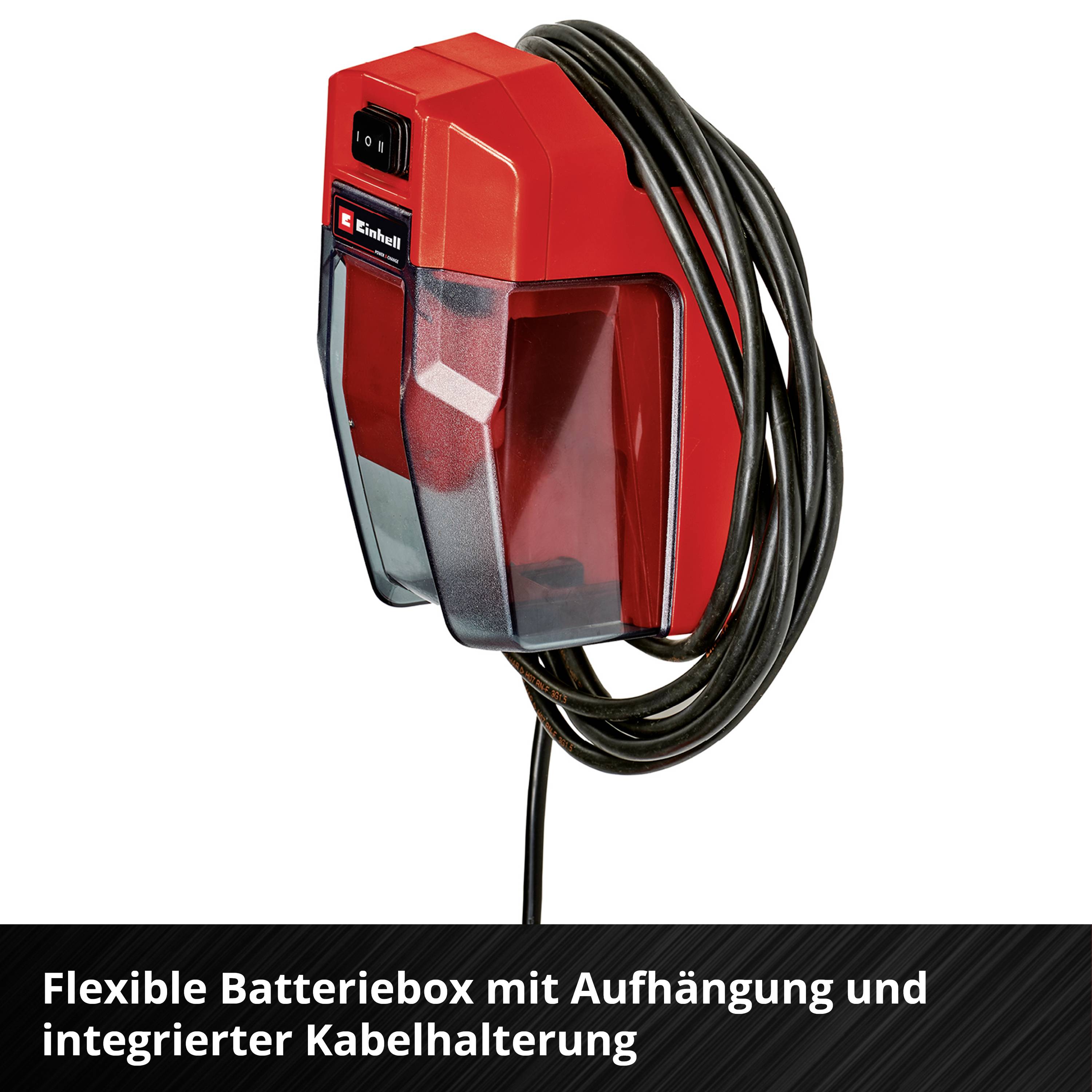 Flexible Batteriebbox mit Aufhängung und integrierter Kabelhalterung, rotes Design. Markenlogo sichtbar, geeignet für Werkstatt.