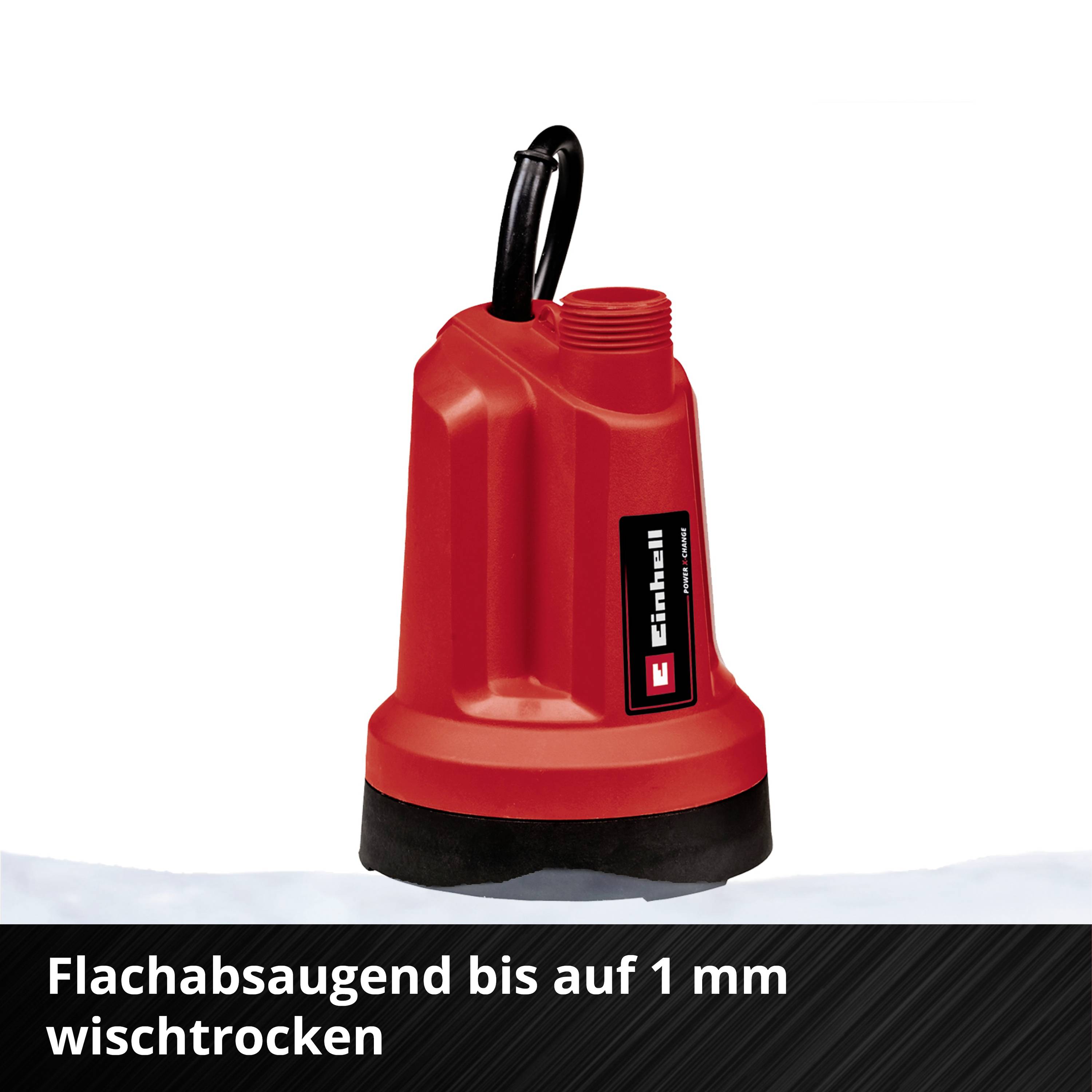 Rote Pumpe mit schwarzem Sockel, gekennzeichnet mit 'Einhell'. Text: 'Flachabsaugend bis auf 1 mm wischtrocken'.