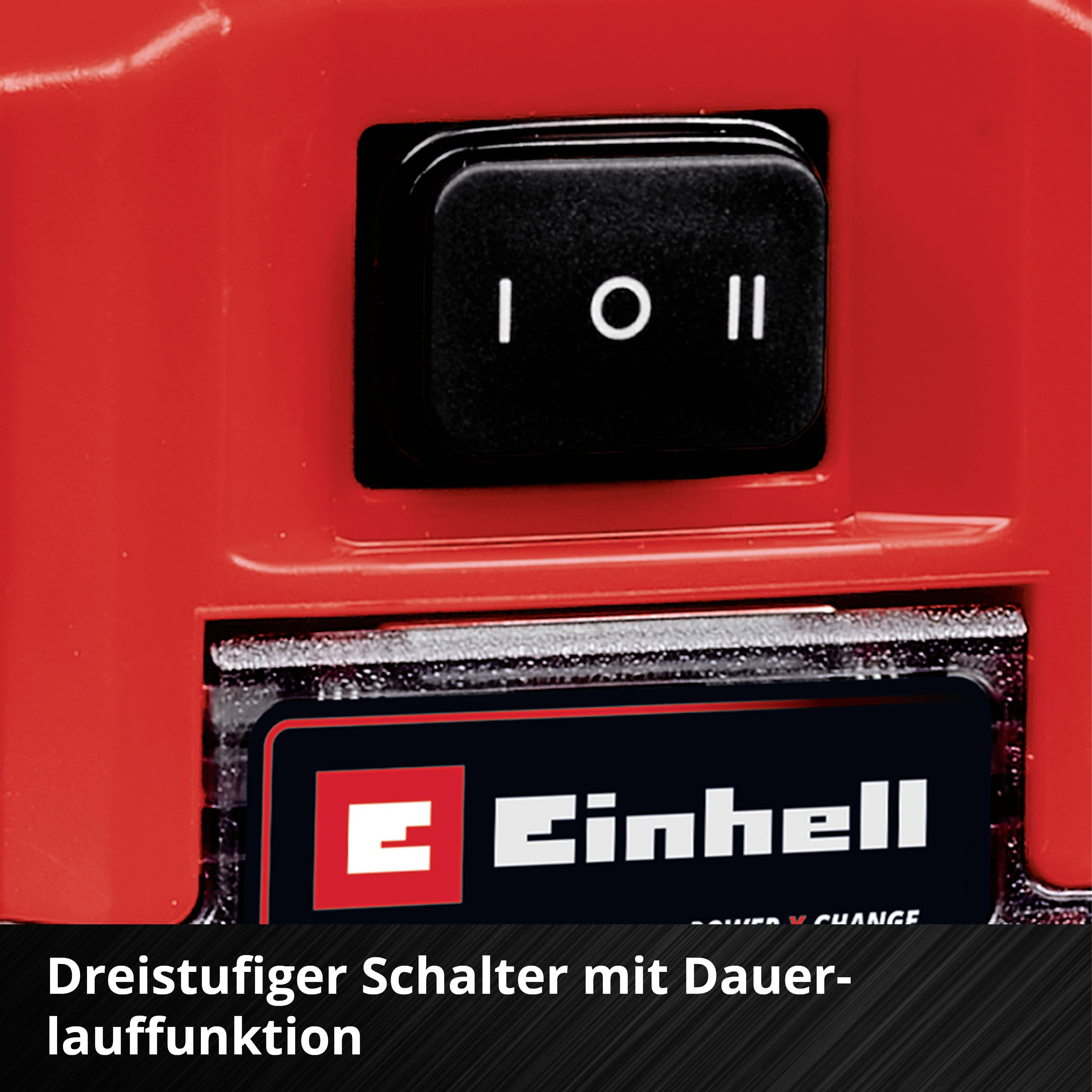 Dreistufiger Schalter für die Steuerung mit Dauerschaltung, mit Logo der Marke und rotem Hintergrund.