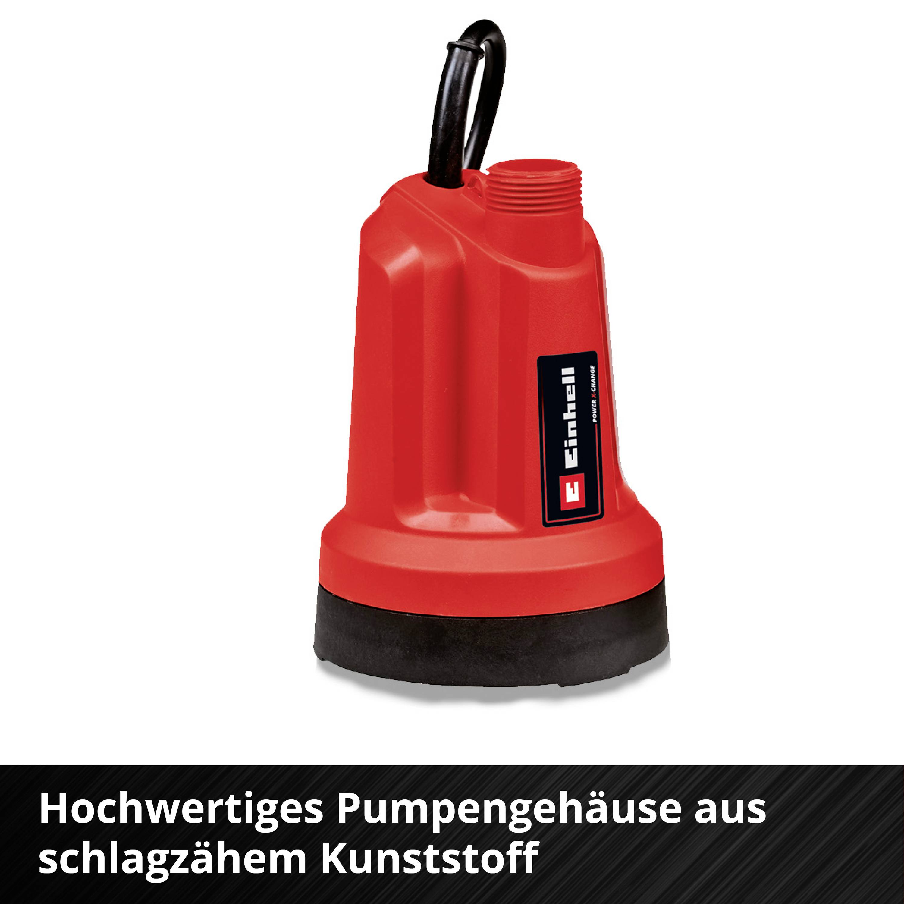 Rote Tauchpumpe aus Kunststoff mit schwarzem Sockel und Etikett. Text unten: 'Hochwertiges Pumpengehäuse aus schlagzähem Kunststoff'.