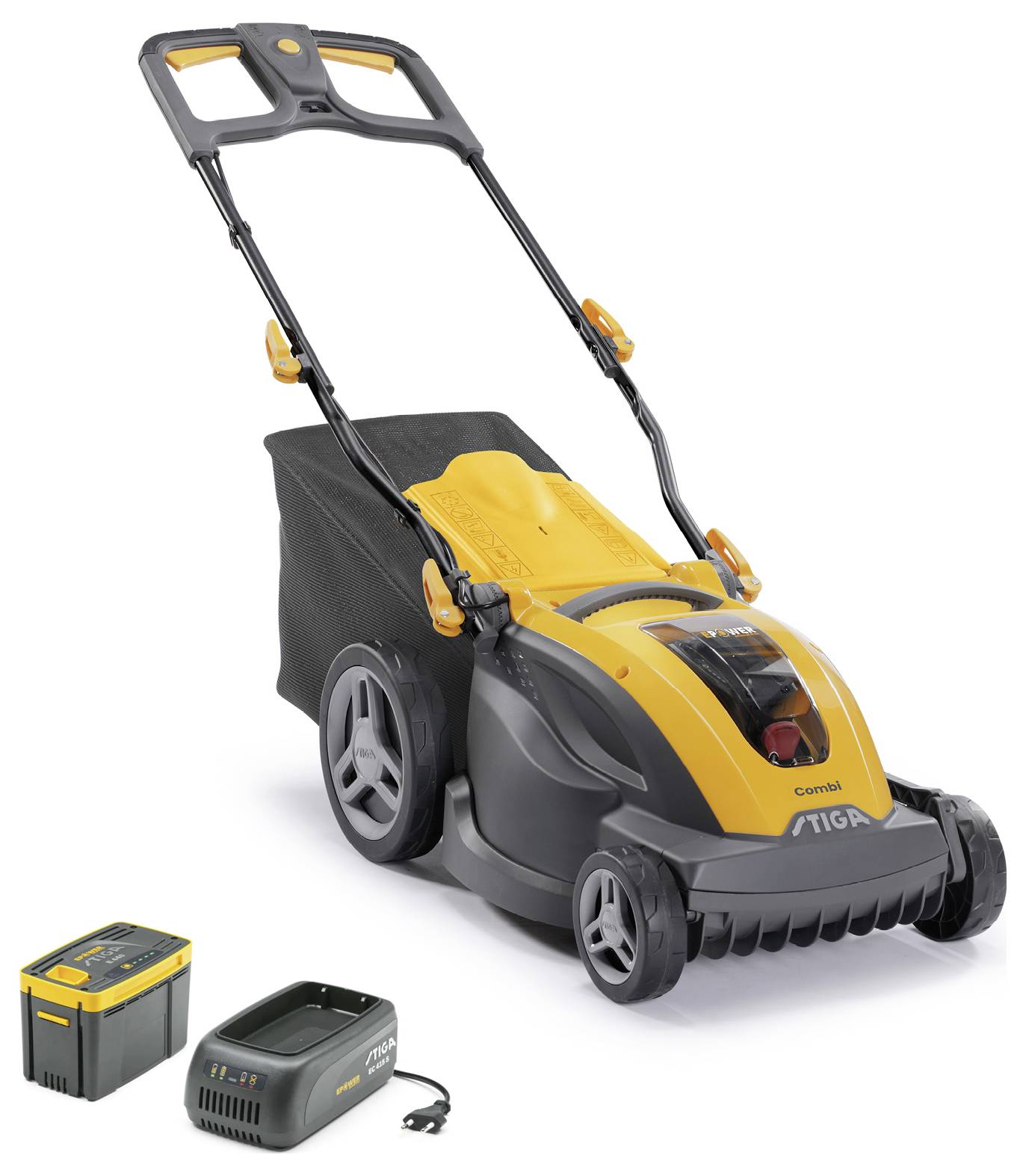 STIGA COMBI 340e Akku Akku-Rasenmäher inkl. Akku, inkl. Ladegerät, Einstellbarer Holm, Softgriff, mit Schnitthöhenverstellung