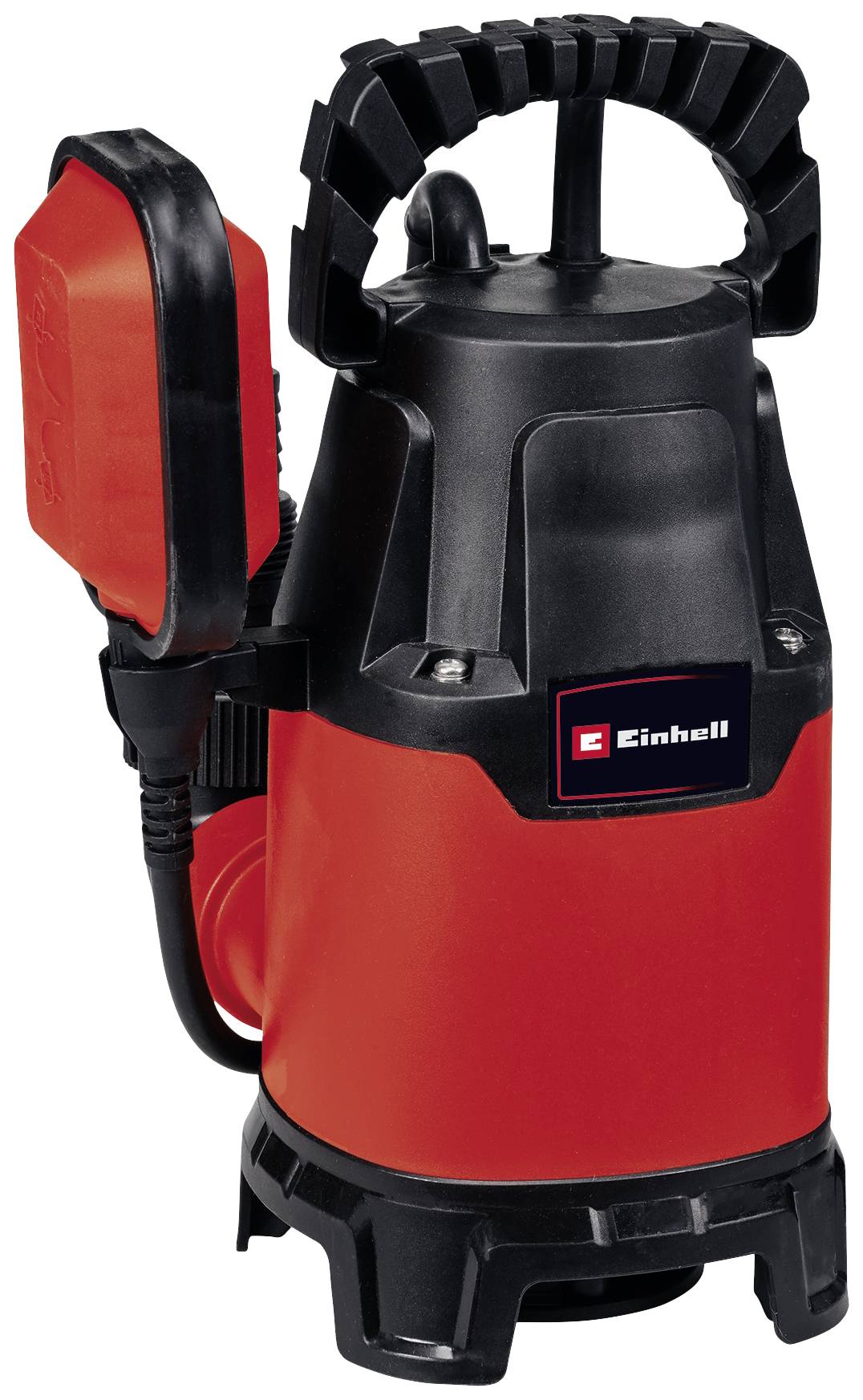 Eine rote und schwarze Tauchpumpe der Marke Einhell mit Griff. Sie wird zur Wasserförderung aus Teichen oder Kellern verwendet.