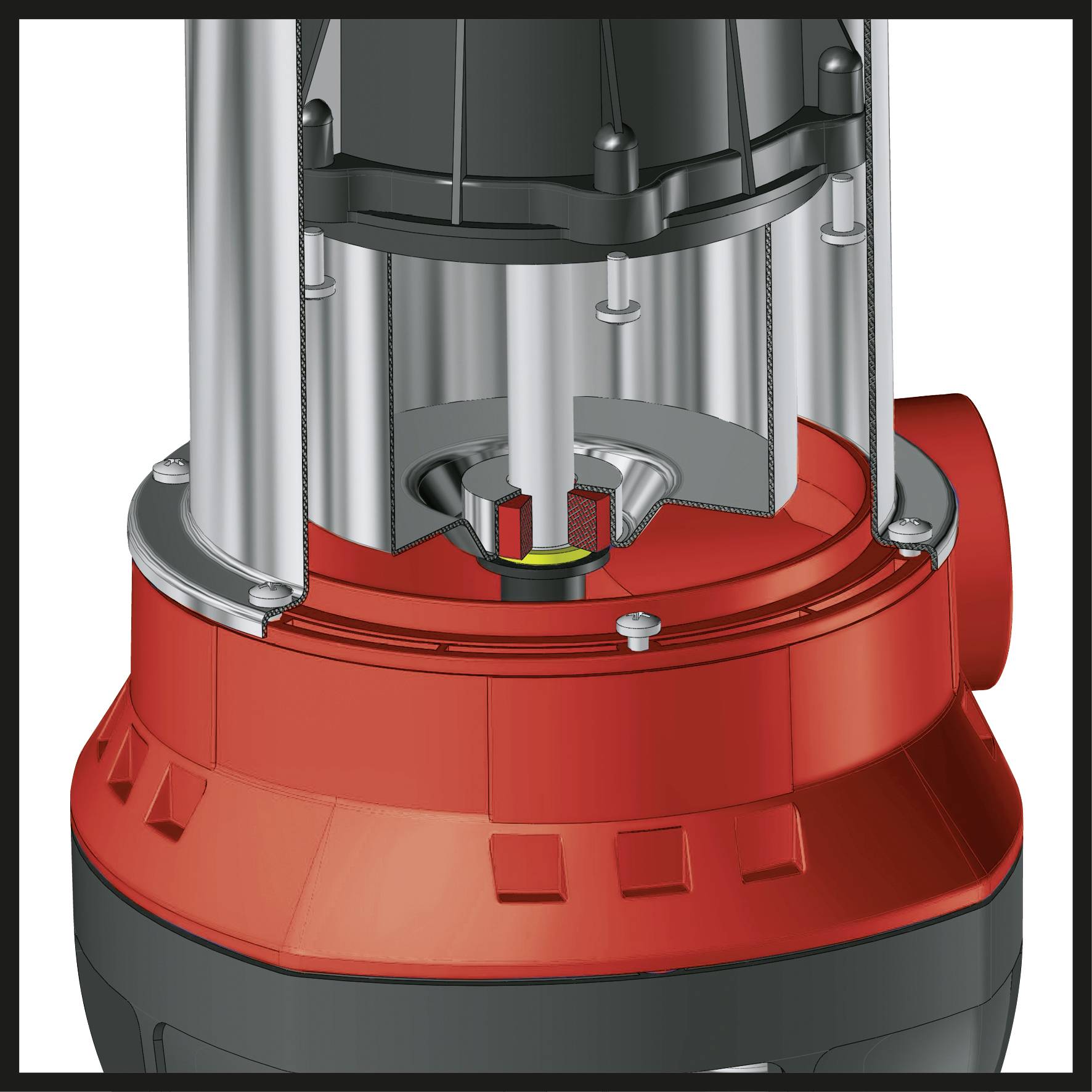 Industrielle Pumpe in Nahaufnahme mit rotem Gehäuse und Metallkomponenten. Zeigt technischen Aufbau der Pumpe.