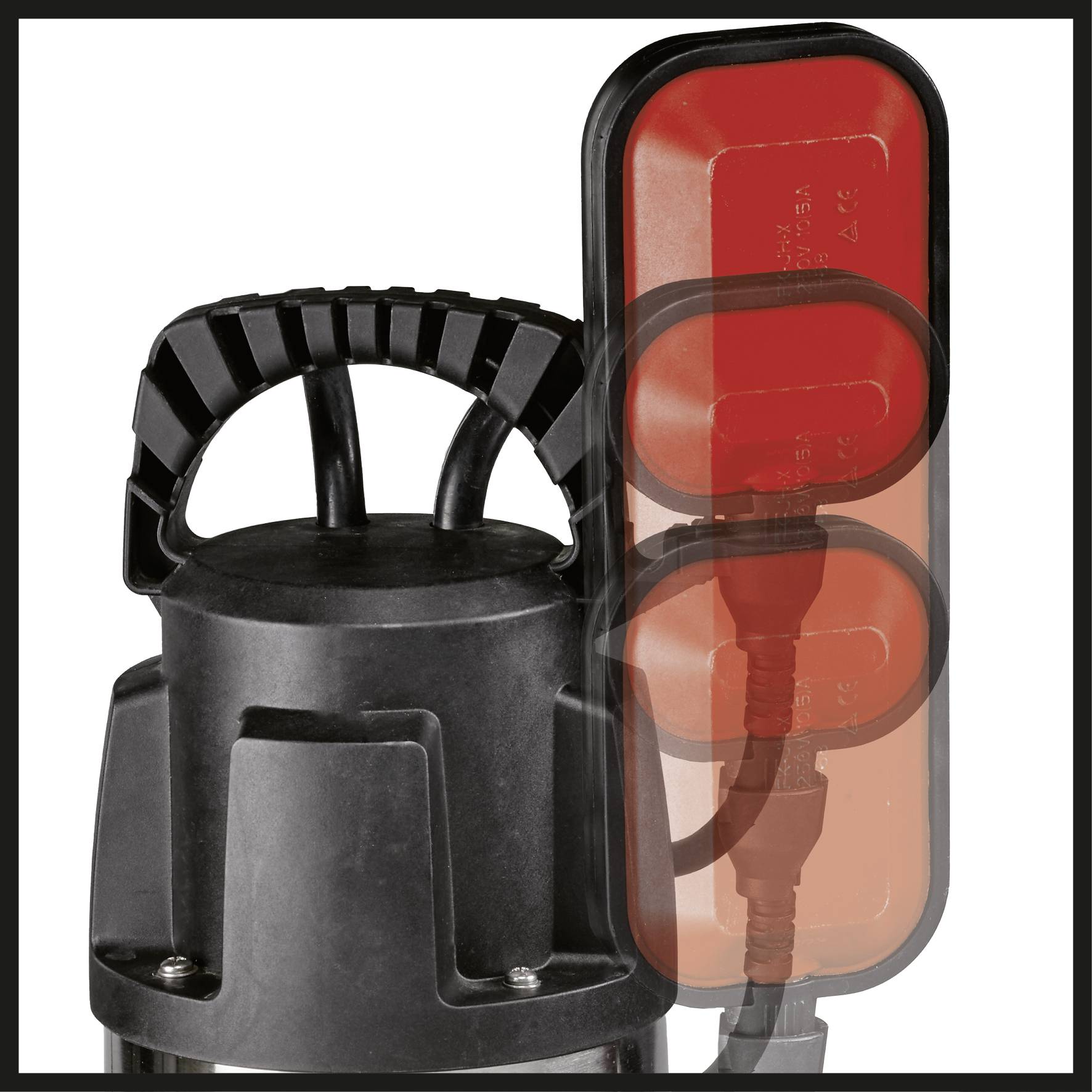 Schwarze Wasserpumpe mit rotem Elektrokasten und Griff.