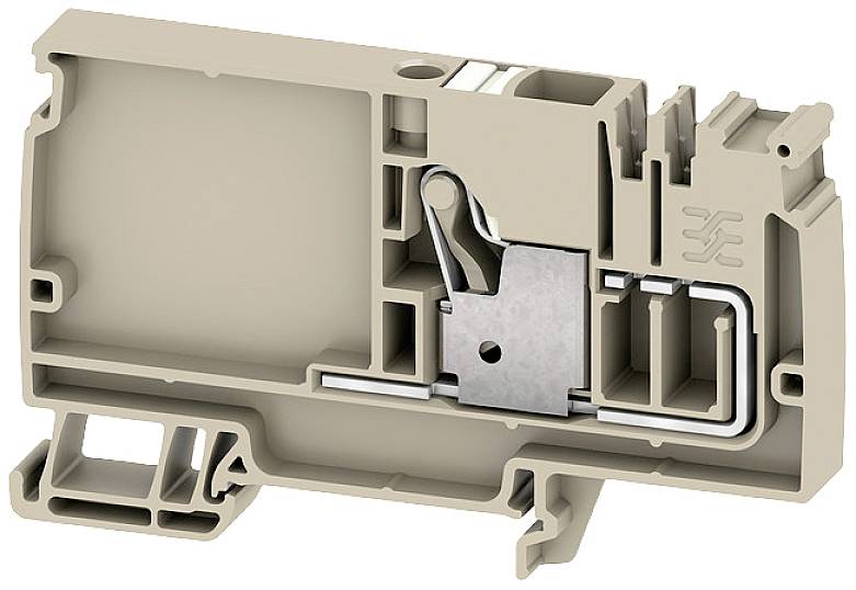 Querschnitt eines elektrischen Steckverbinders, der das Innenleben zeigt. Enthält Metallklemmen und Kunststoffgehäuse, Drahtführung erkennbar.