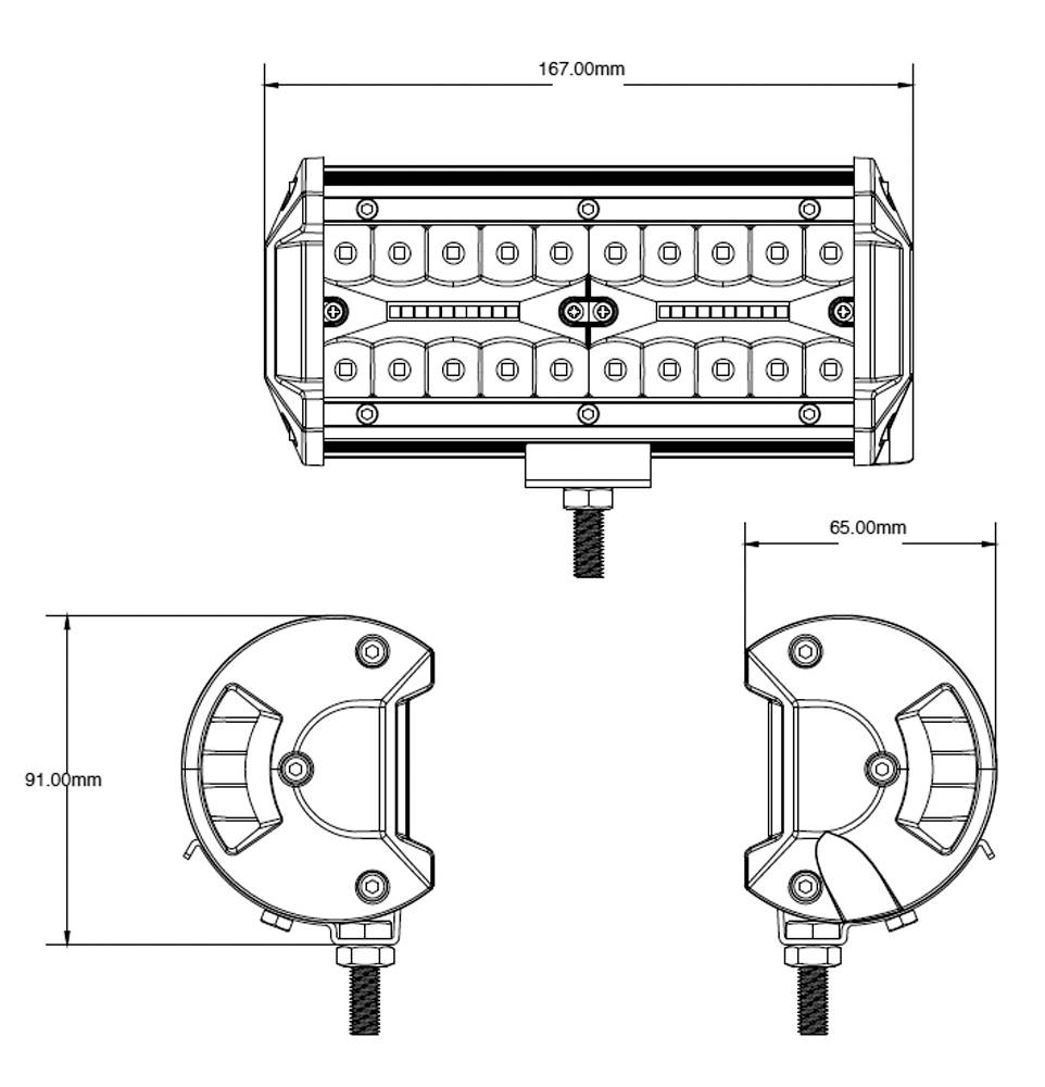 Technische Zeichnung eines rechteckigen LED-Lichts mit Maßen: Länge 167,00 mm, Breite 65,00 mm, Höhe 91,00 mm, Front- und Seitenansicht.