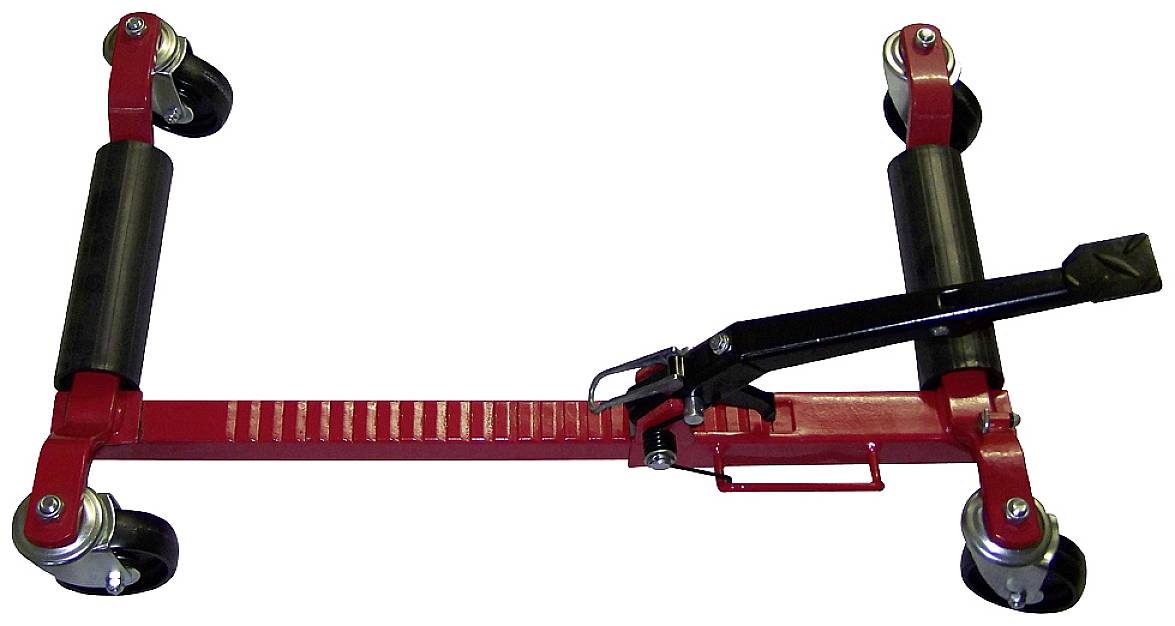 Roter Möbelroller mit vier beweglichen Rollen und Hebel, ideal zum einfachen Transport schwerer Möbelstücke auf ebenen Flächen.