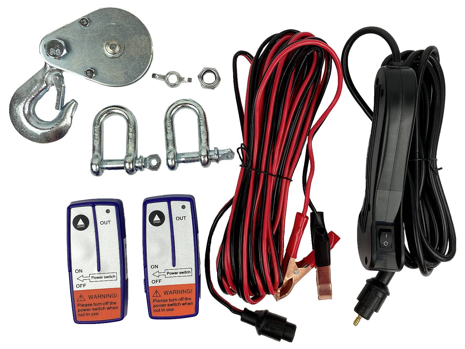 Winden-Zubehörset: Zwei Fernbedienungen, Haken, Verbindungselemente und Kabel mit Stecker, für elektrische Seilwinden.