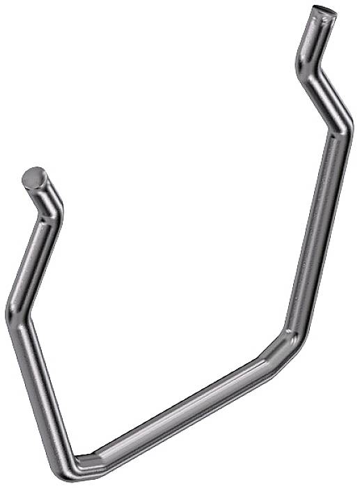 Ein gebogener Metallhaken oder -bügel mit zwei Hakenenden, oft für Aufhängen oder Befestigen von Gegenständen verwendet.