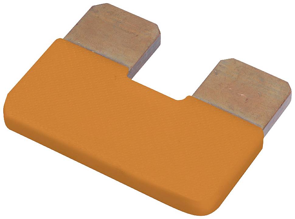 Eine orangefarbene elektrische Sicherung mit zwei Metallanschlüssen, die zum Schutz von elektrischen Geräten vor Überlastung dient.