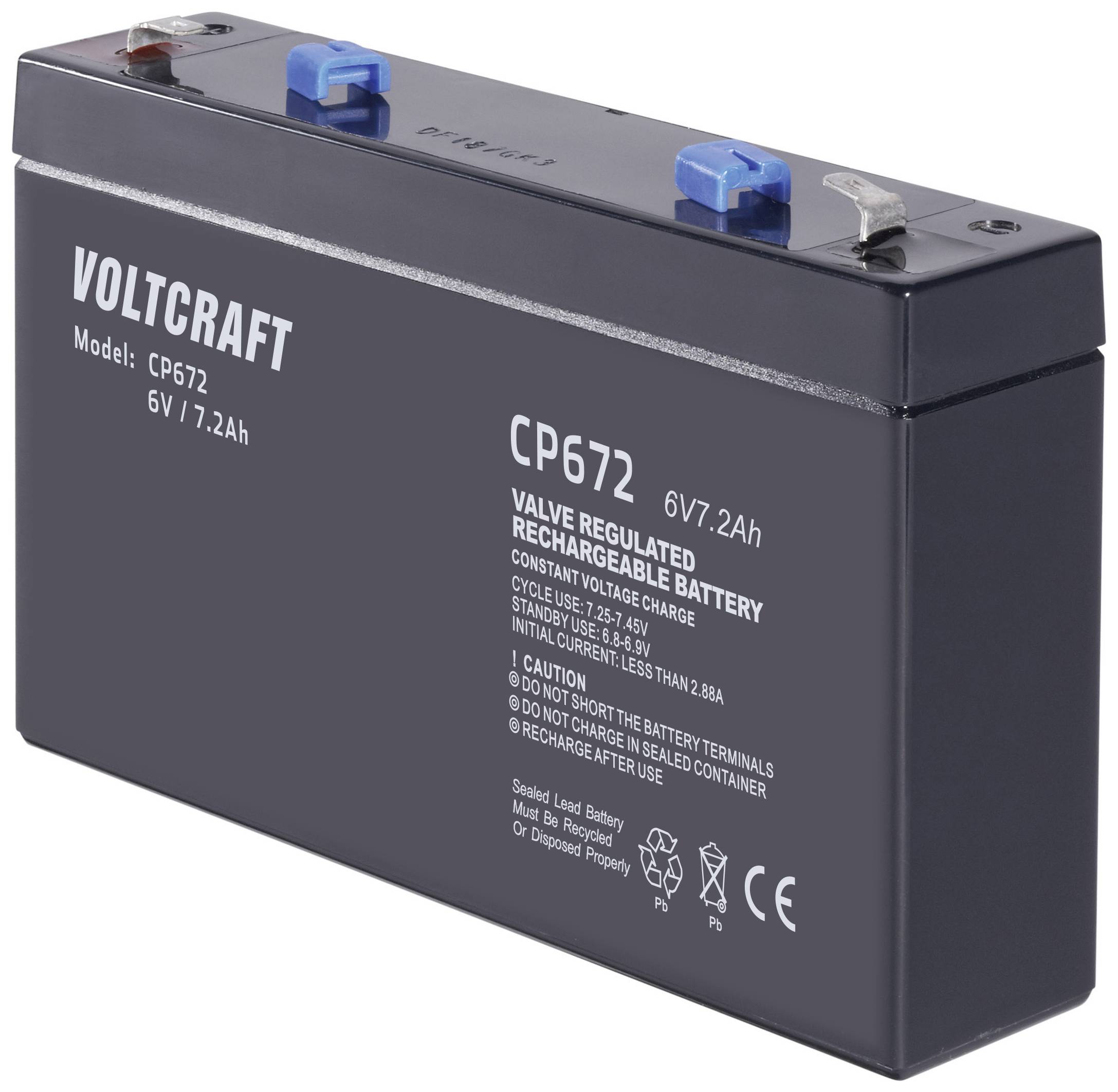 Wiederaufladbare Batterie, Modell Voltcraft CP672, 6V/7,2Ah, mit blauen und roten Anschlüssen auf der Oberseite.