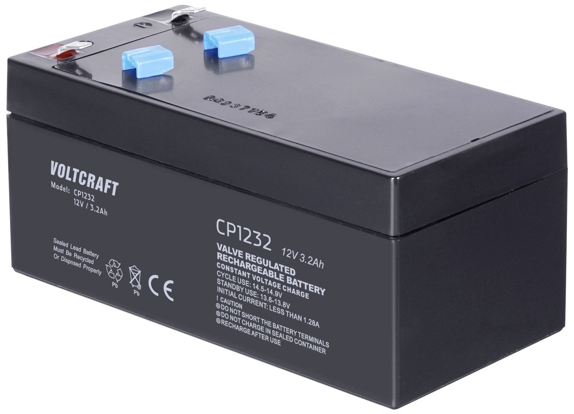 Schwarzer Voltcraft Akku CP1232, 12V 3,2Ah, mit blauen und roten Anschlüssen auf der Oberseite.