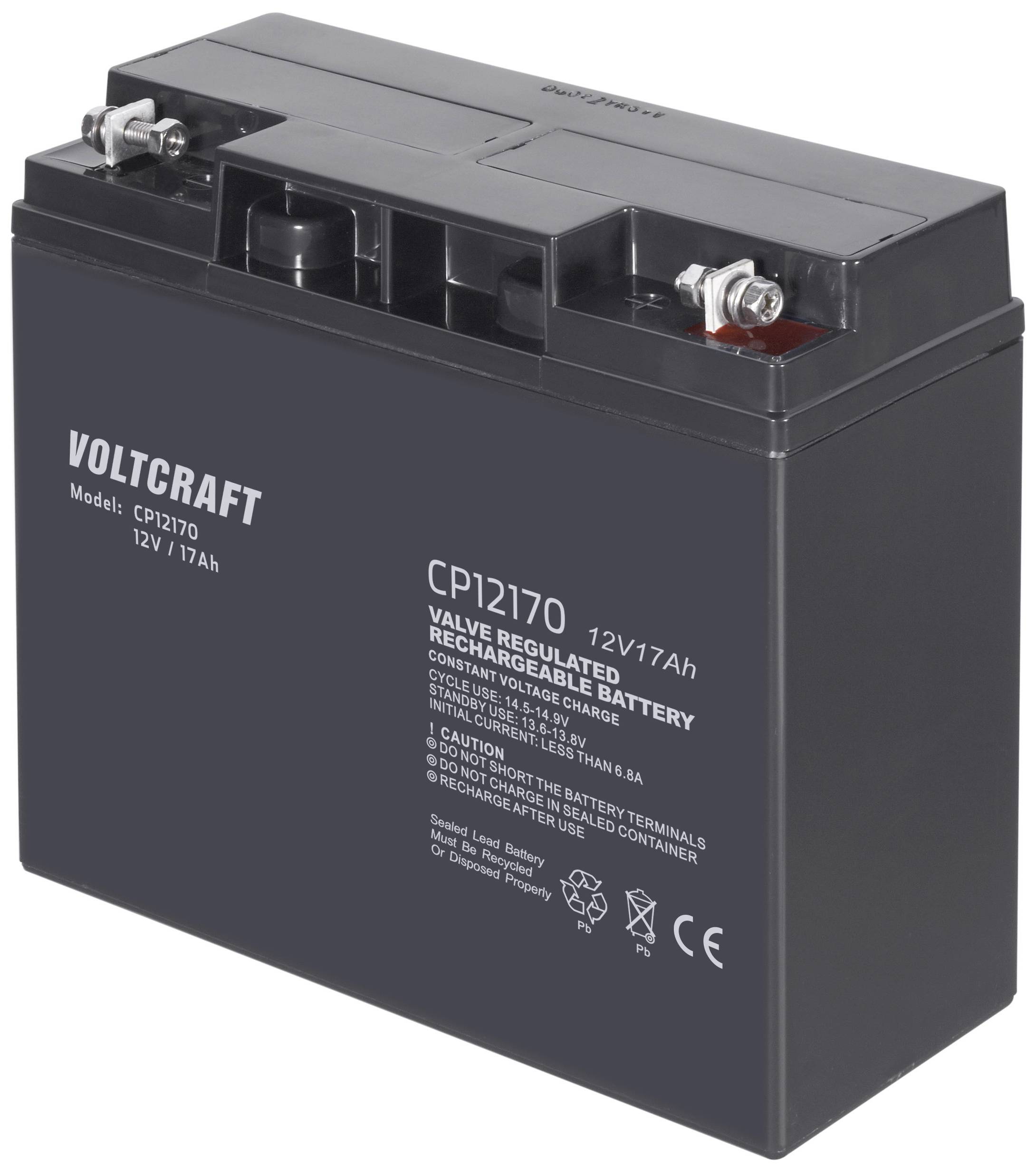 'Voltcraft CP12170' Bleiakku, 12V/17Ah, wiederaufladbar, schwarz, mit technischen Spezifikationen auf der Vorderseite.