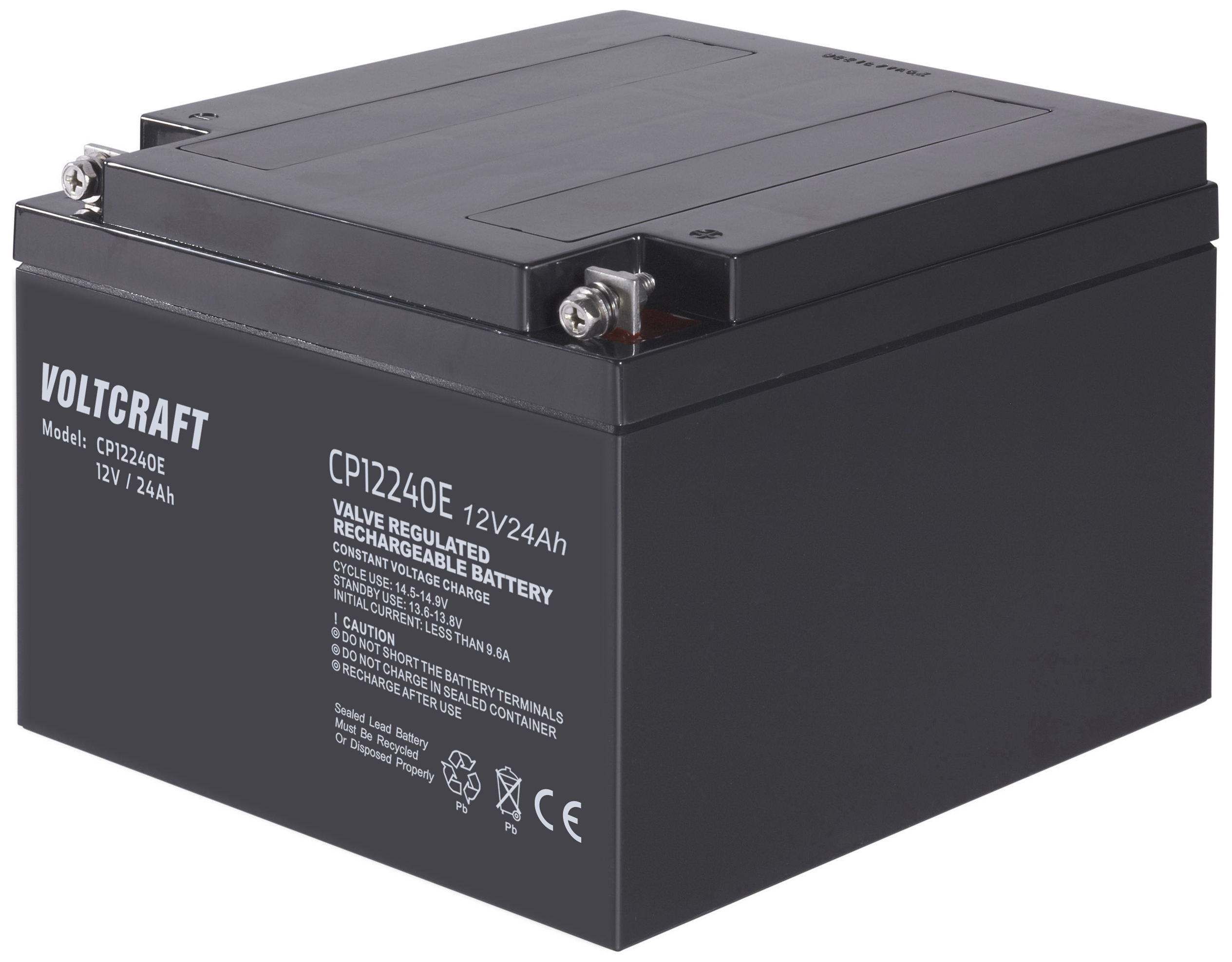 Schwarze Voltcraft-Batterie, Modell CP12240E, mit 12 Volt und 24 Ah. Wiederaufladbar, auf einem weißen Hintergrund platziert.