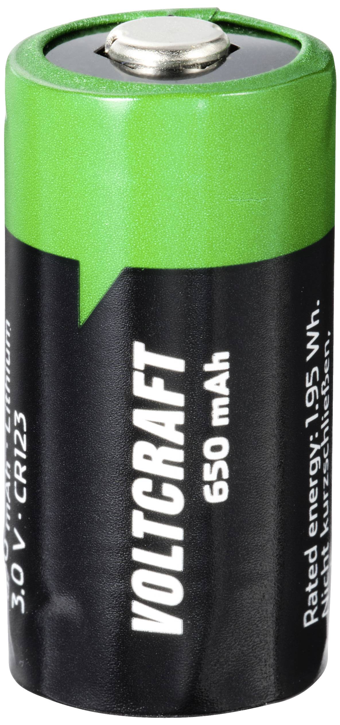Grüne und schwarze Voltcraft-Batterie mit der Aufschrift '650 mAh'.