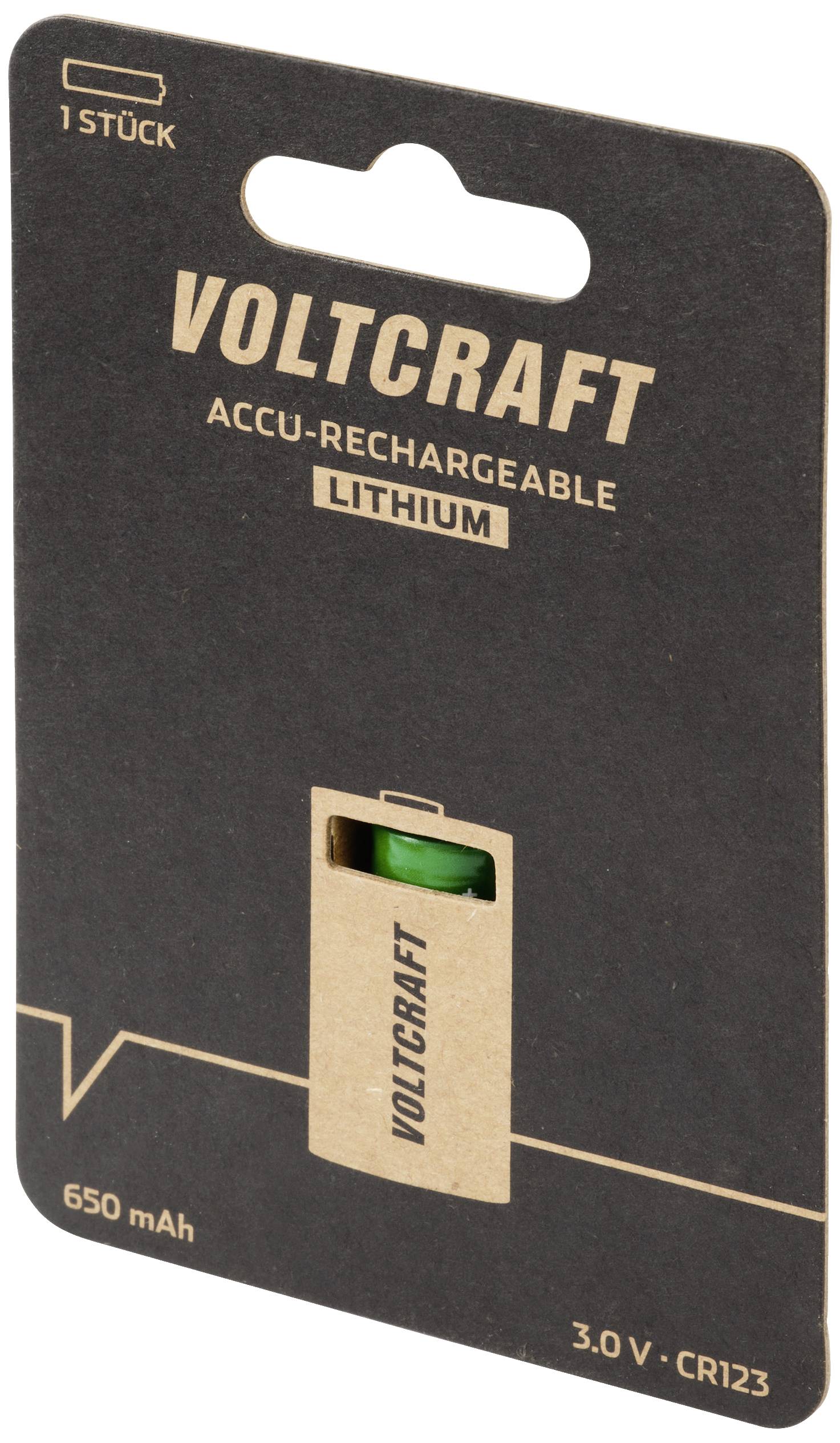 Verpackung einer wiederaufladbaren Lithium-Batterie der Marke Voltcraft, 650 mAh, 3,0 V, Modell CR123.