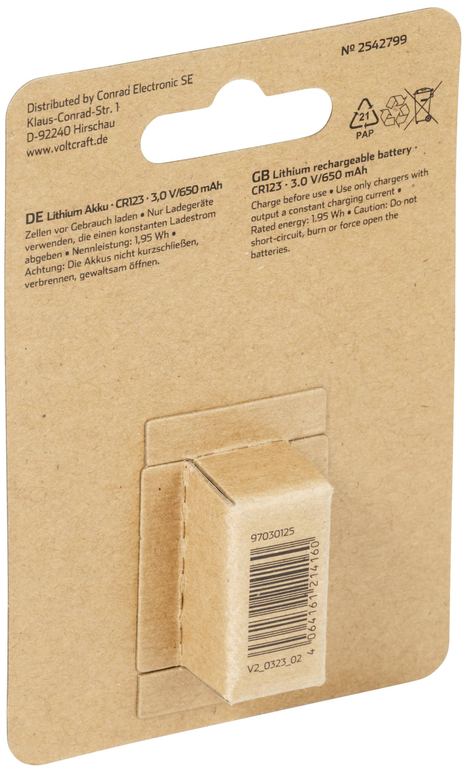 VOLTCRAFT Spezial-Akku CR 123 Button-top Lithium 3V 650 mAh 1St.