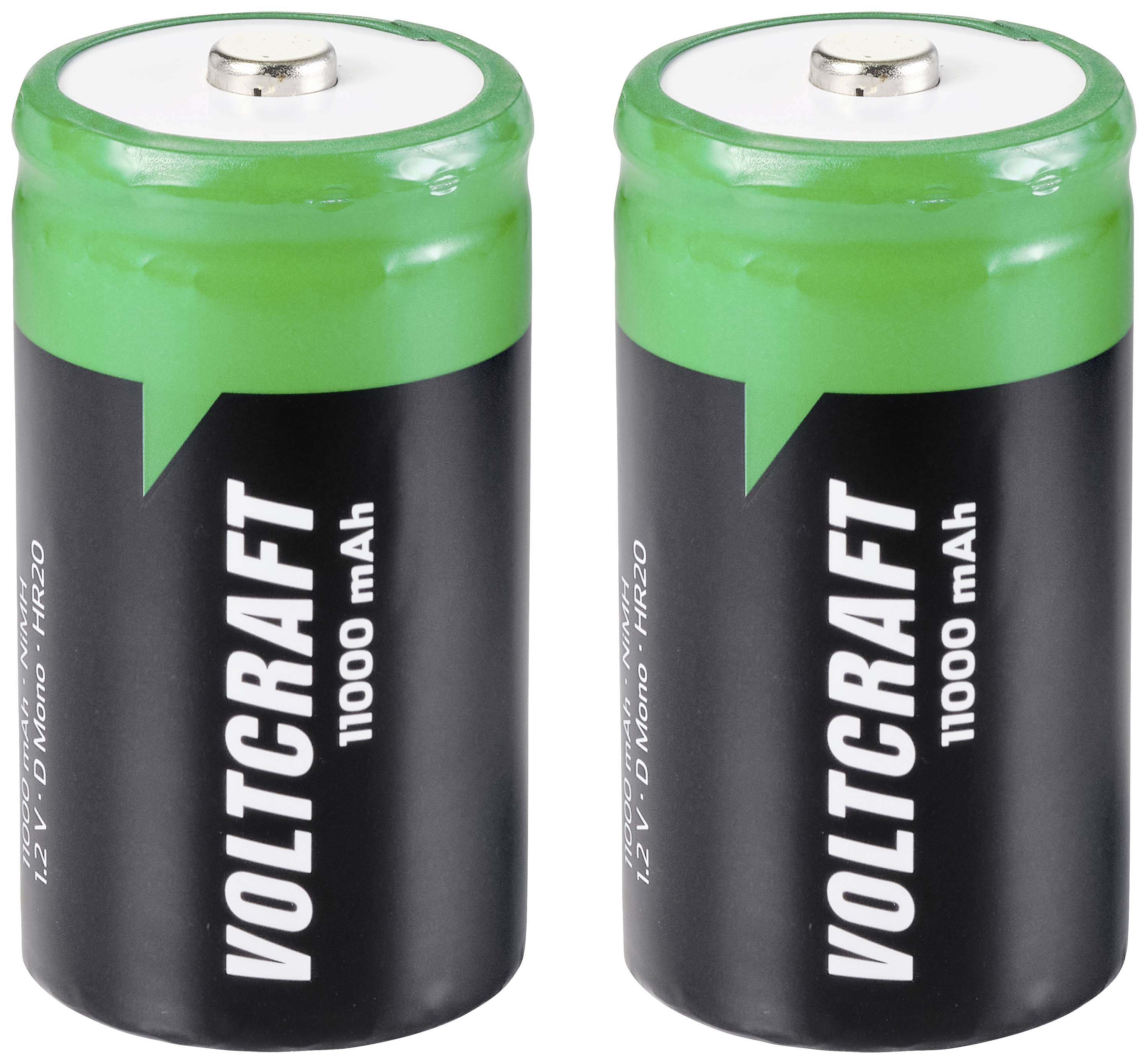 Zwei grüne und schwarze Batterien der Marke 'Voltcraft' mit einer Kapazität von 11000 mAh, Modell HR20, 1,2 V.