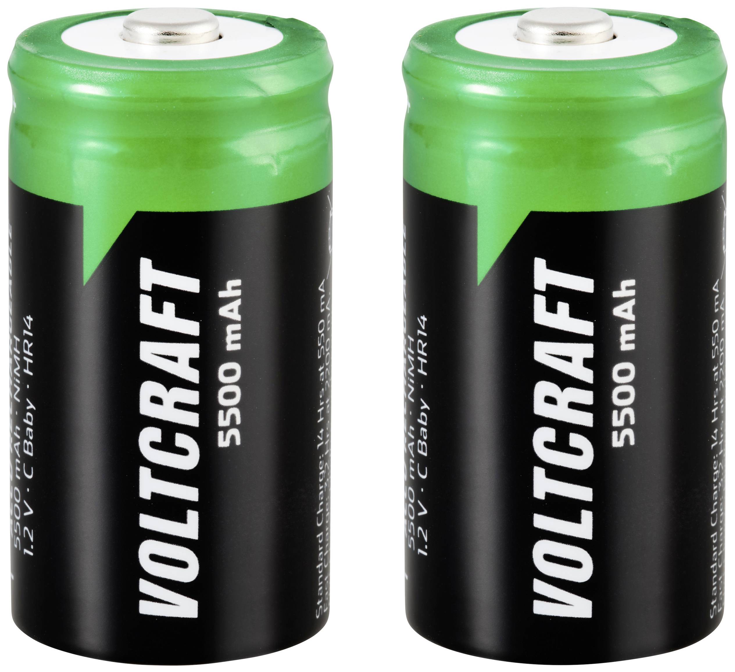 Zwei grüne und schwarze Batterien der Marke Voltcraft mit der Aufschrift '5500 mAh'.