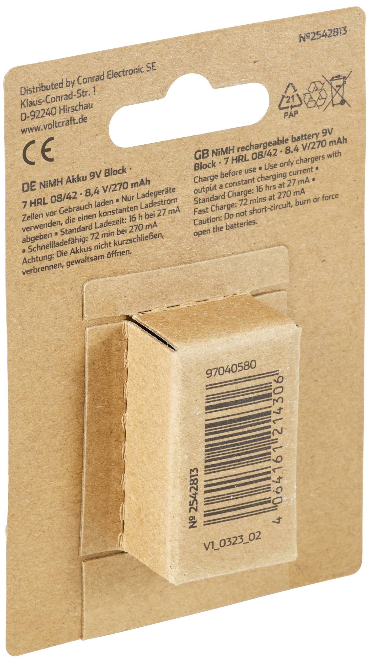 VOLTCRAFT Endurance 6LR61 9V Block-Akku NiMH 270 mAh 8.4V 1St.