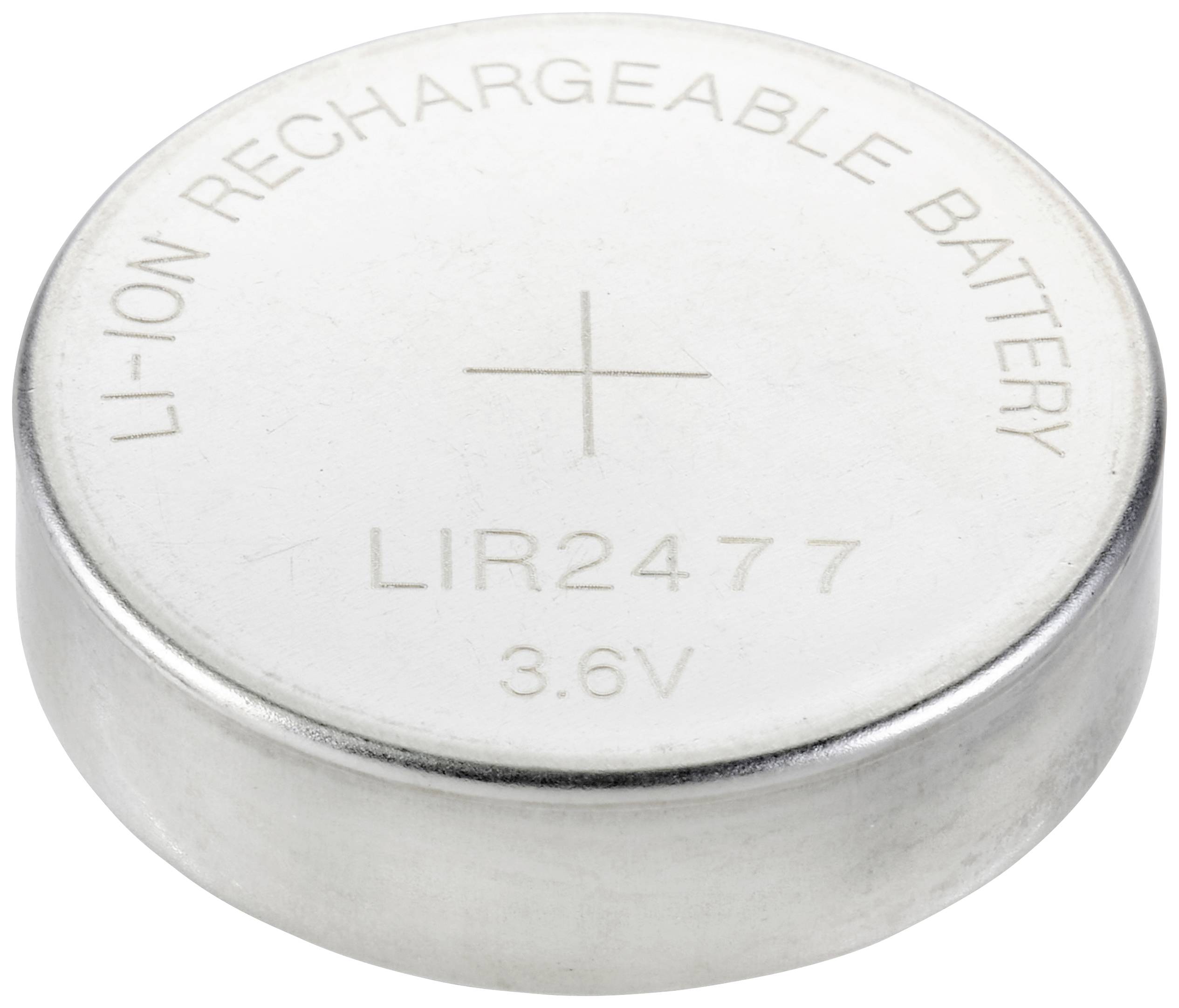 Runde, silberne Lithium-Ionen-Knopfzelle mit der Aufschrift 'LI-ION RECHARGEABLE BATTERY LIR2477 3.6V'.