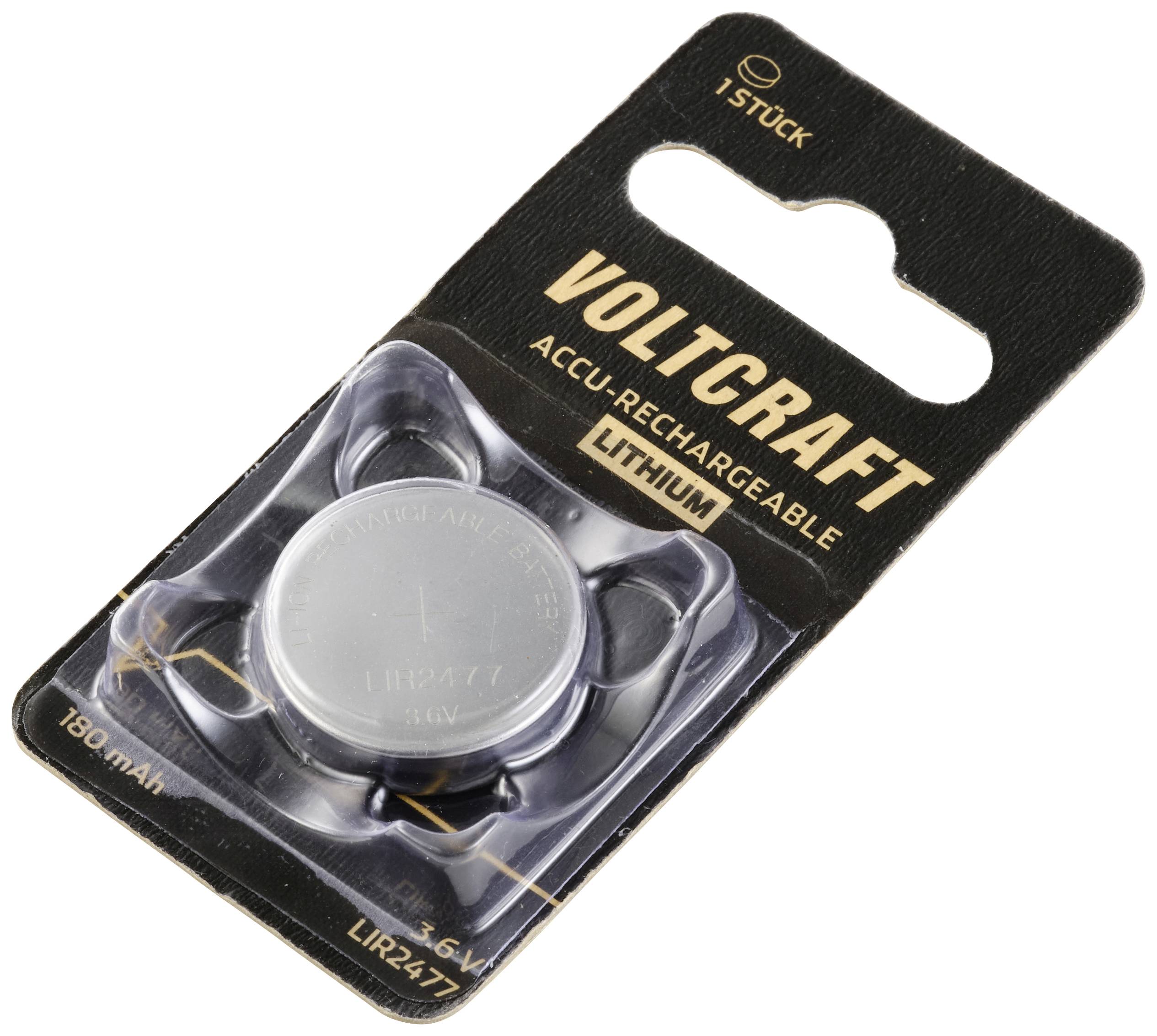 LIR2477 Lithium-Knopfzelle in schwarzer Verpackung von Voltcraft, 3,6V, 180 mAh, wiederaufladbar.