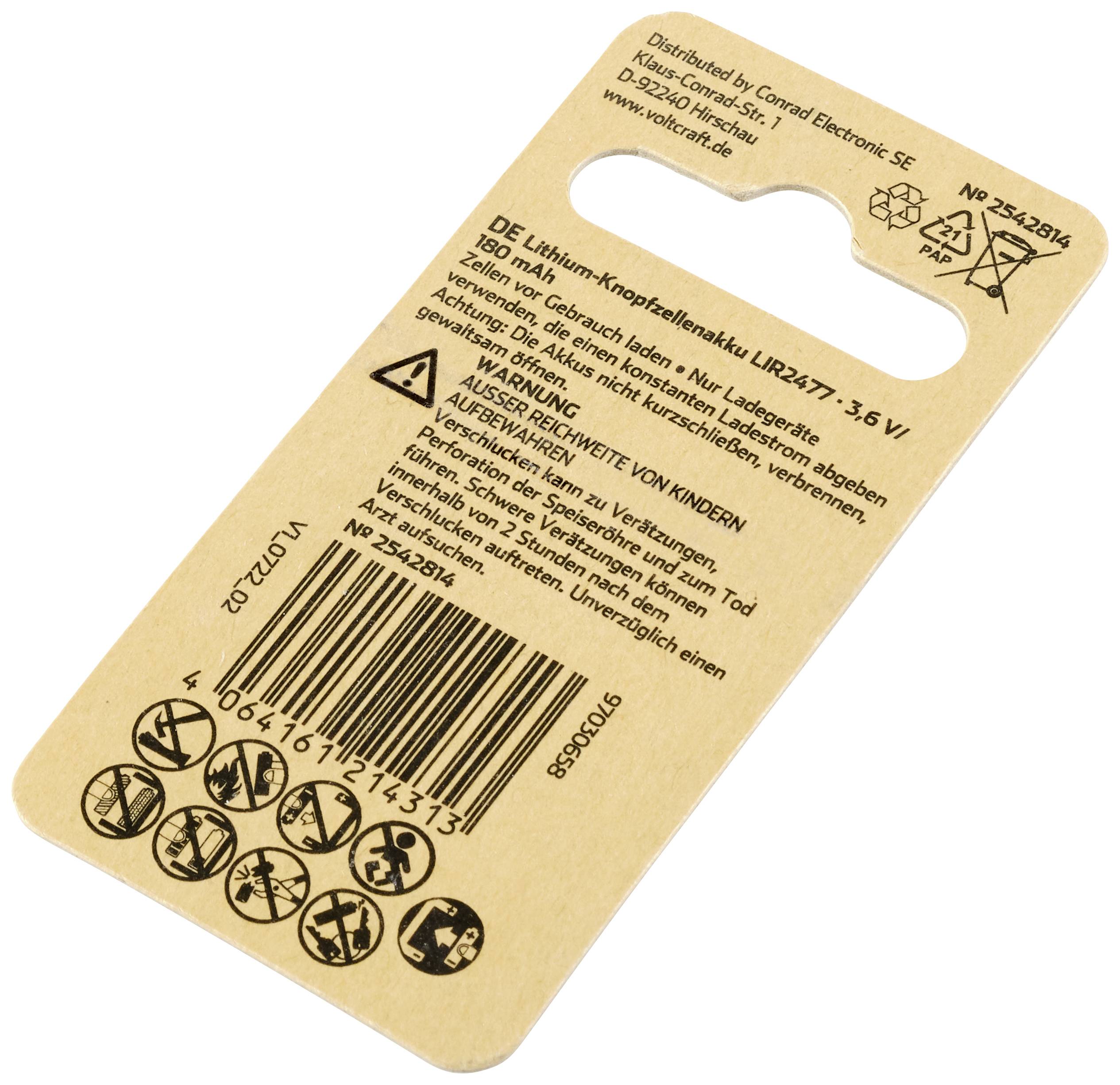 VOLTCRAFT Knopfzellen-Akku LIR 2477 Lithium 180 mAh 3.6V 1St.