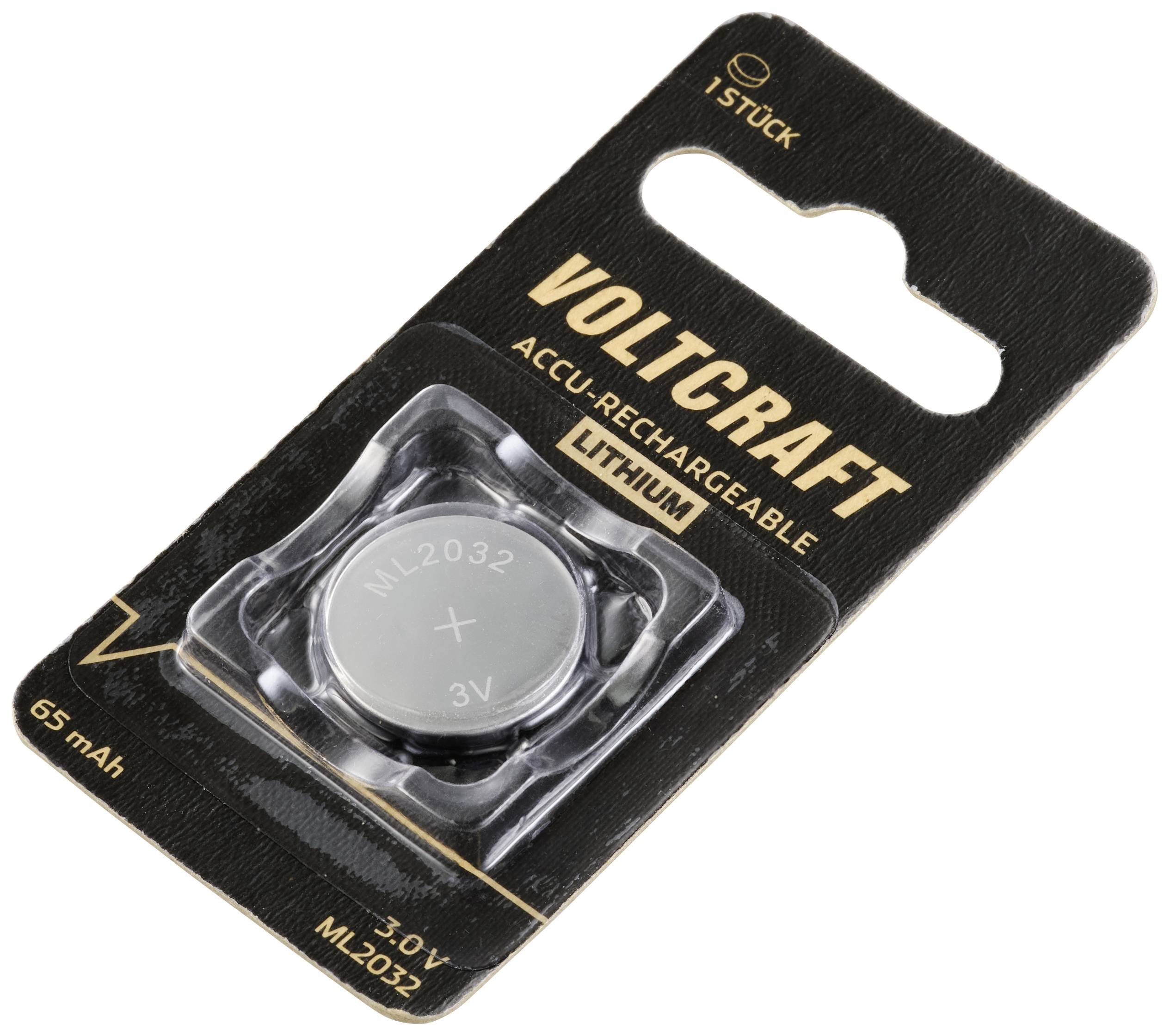 Lithium-Batterie, Marke VOLTCRAFT, Modell 'ML2032', 3V, 65mAh, verpackt in schwarzer Kartonage, 1 Stück.