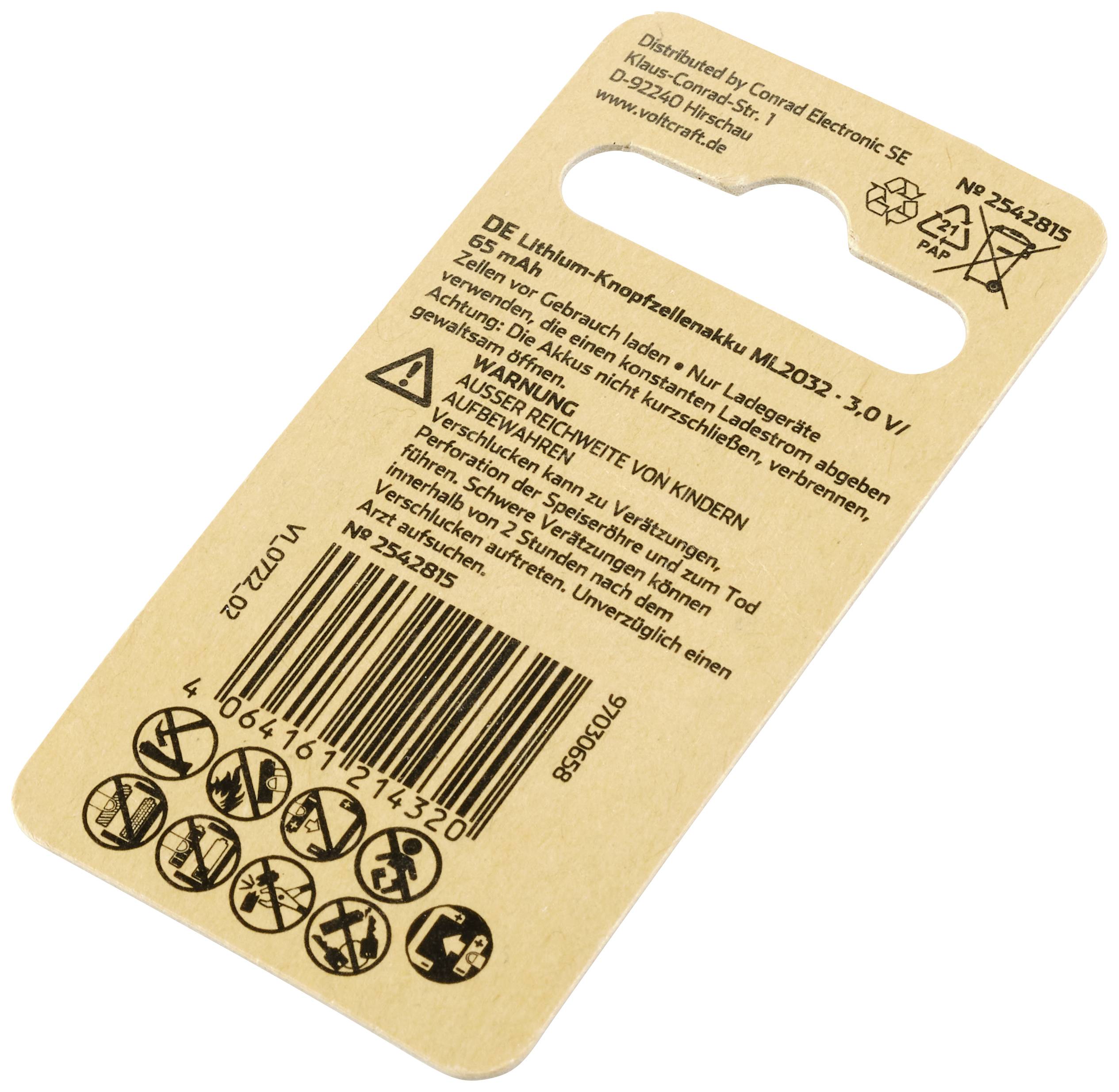 VOLTCRAFT Knopfzellen-Akku ML 2032 Lithium 65 mAh 3 V 1 St.