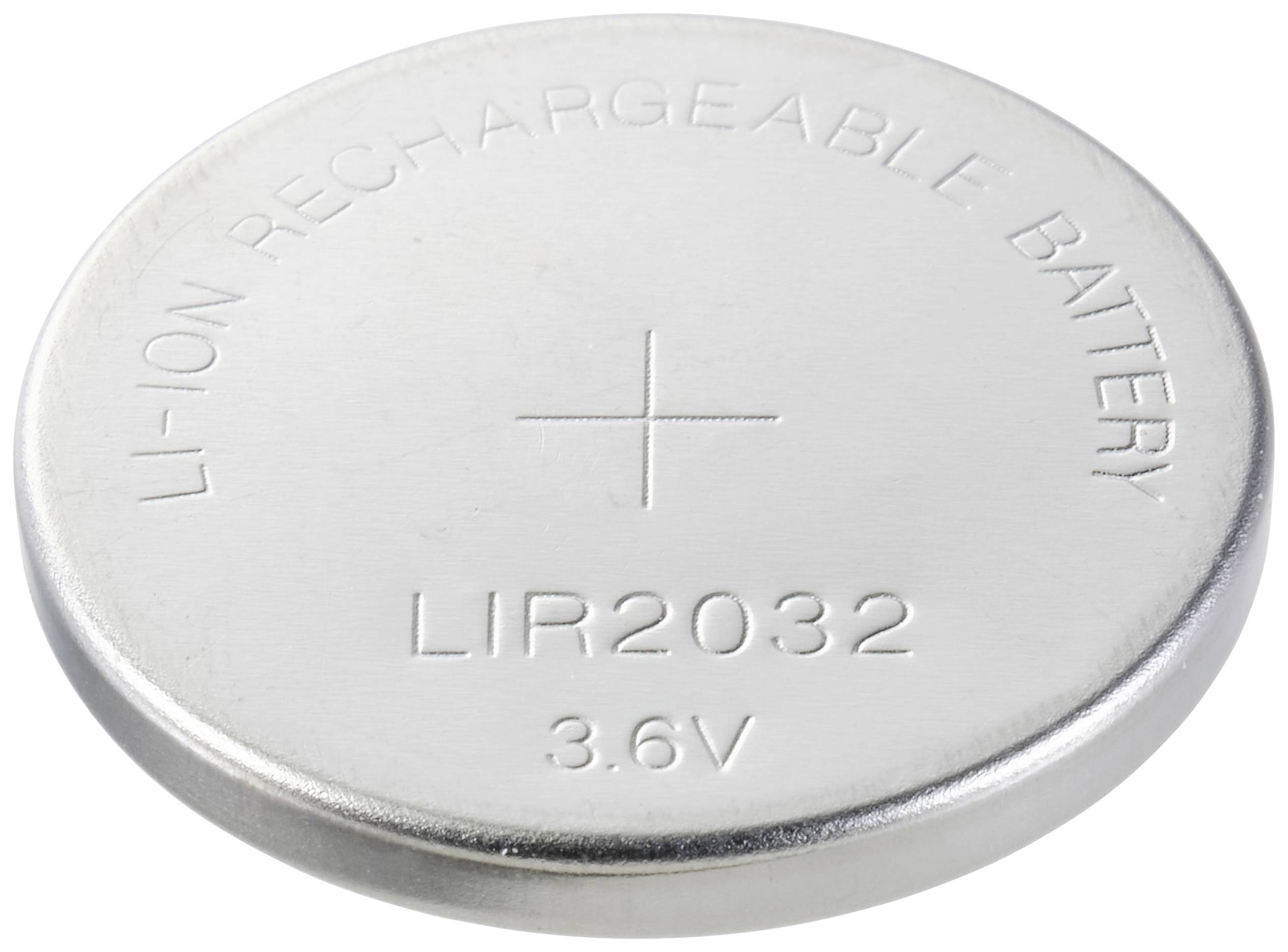 Runde Lithium-Ionen-Knopfzelle mit Aufdruck 'Li-Ion Rechargeable Battery LIR2032 3.6V'.